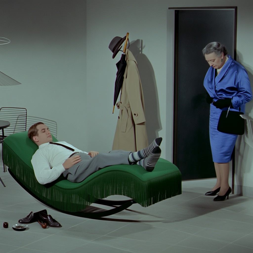 a jacques_tati movie still of a subtly lit,  modern room featuring a young man reclining on a distinctive green rocking ch...