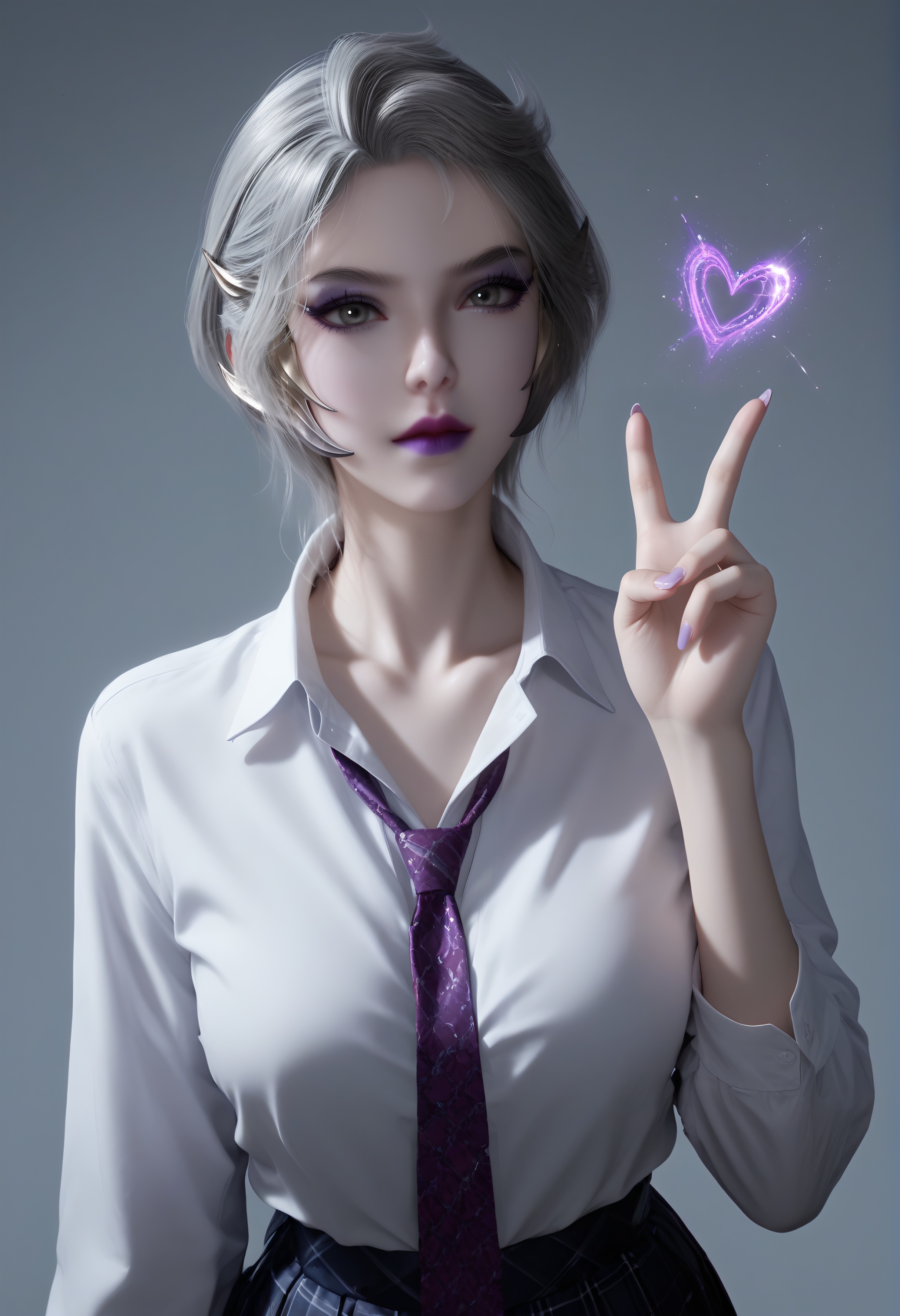 (score_9),<lora:九皇女-apony-000009:0.82>,jhn,1girl,solo,short hair,grey hair,purple lips,eyeshadow,makeup,school_uniform,skirt,necktie,v-neck,<lora:perfect eyes_v1:0.8>,light blush,Expressiveh,<lora:Expressive_H-000001:0.8>,collarbone,(glamor:1.2),curvy,<lora:e肤色滑块:0.5>,fair_skin,(pale_skin),(white skin),<lora:e色温:0.35>,light skin,BREAKsimple background,grey background,ultra-detailed skin texture,detailed textures,4K ultra HD,sharp focus,high detail,natural lighting,high contrast,hearts,<lora:SDS-XL泛光调节器_v1.0:1>,Volumetric Lighting,Tyndall effect,
