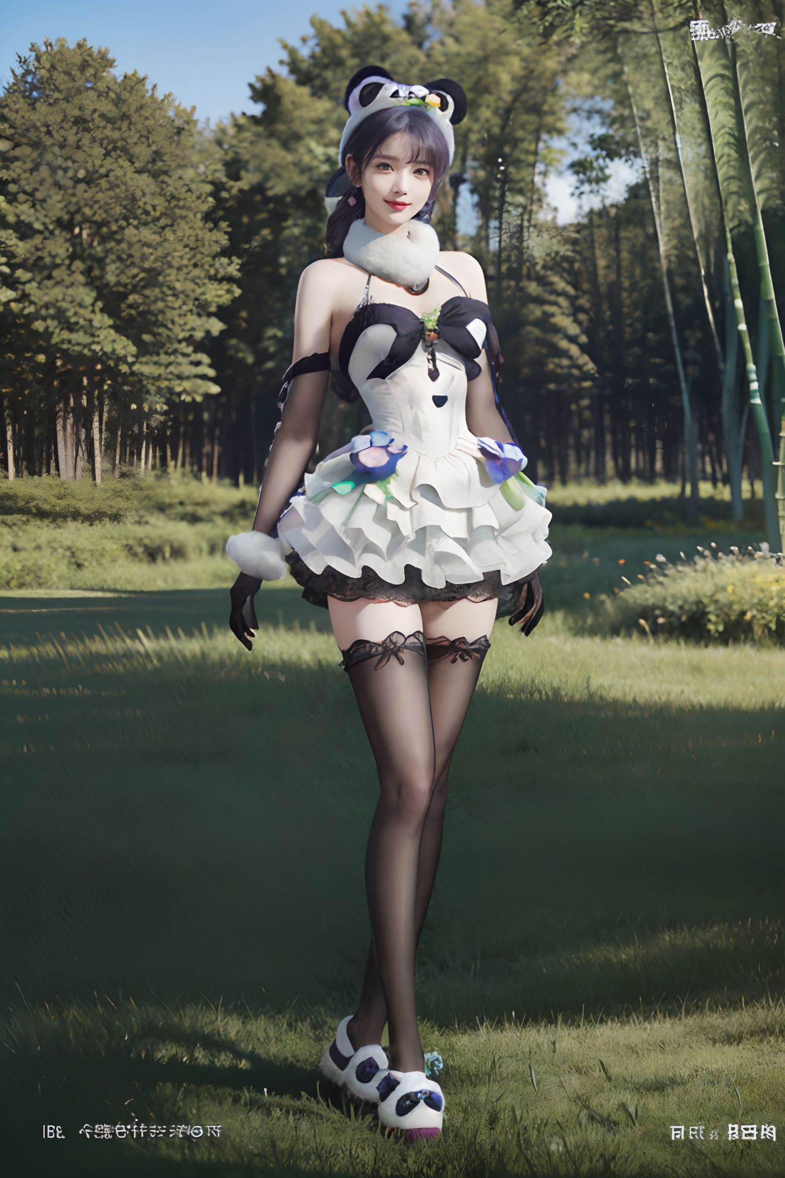 ((sfw:1.1)),((masterpiece, best quality, best shadow, official art, correct body proportions, Ultra High Definition Picture, master composition)),(best hands details:1.4),miao09,1girl,solo,mature female,full body,perfect body,shiny skin,breasts,narrow waist,wide hips,makeup,seductive_smile,curvy,seductive posture,perfect leg curves,outdoor,park,in summer,day,in a meadow,grove,flowers meadows,looking_at_viewer,bamboo,