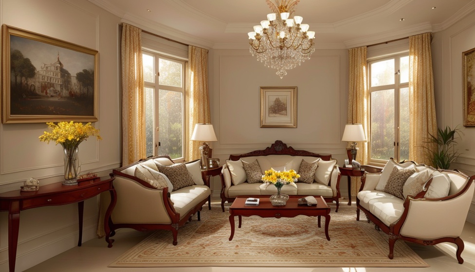1room, Huali, Europeroom, chandelier, no humans, scenery, painting \(object\), couch, indoors, lamp, window, table, vase, chair, flower, carpet, candlestand, rug, candle, sunlight, plant, day, picture frame, pillow,<lora:SD1.5_Europeroom1.28:0.6>