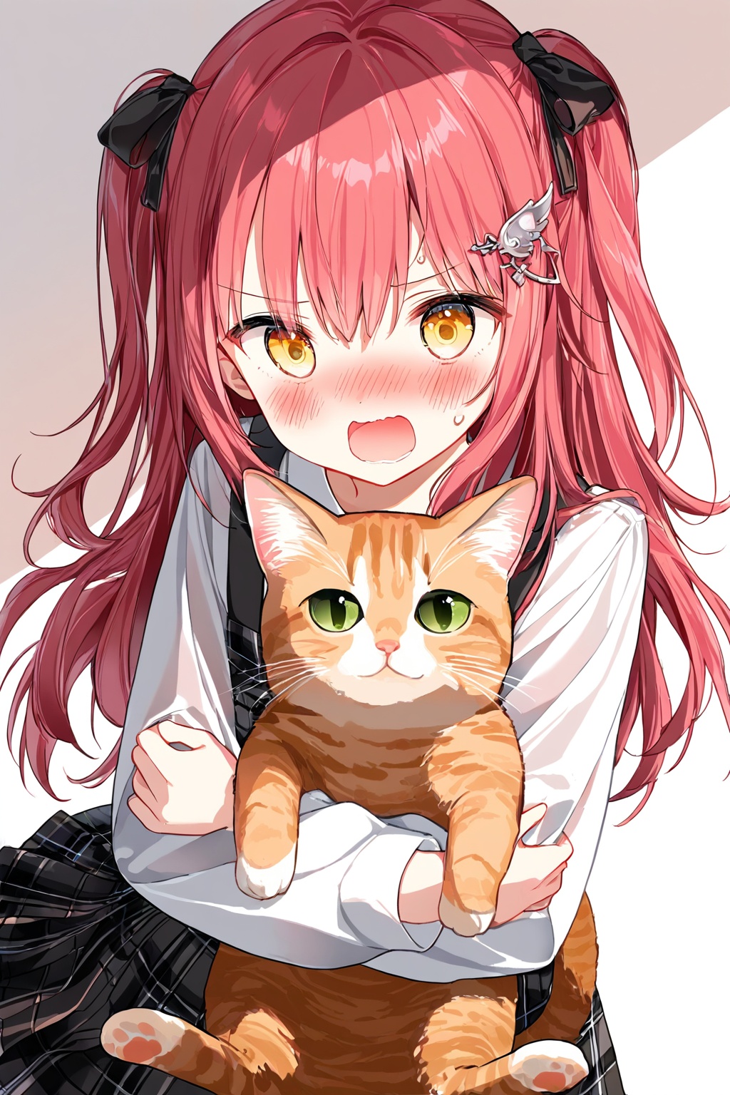 masterpiece,best quality,amazing quality,very aesthetic,absurdres,newest, 1girl,blush,wing_hair_ornament,cat,two_side_up,open_mouth,long_hair,red_hair,animal,solo,yellow_eyes,skirt,holding,simple_background,long_sleeves,white_background,looking_at_viewer,holding_animal,nose_blush,plaid,black_skirt,hair_ornament,wavy_mouth,virtual_youtuber,pleated_skirt,sweat,plaid_skirt,white_cat,shirt,white_shirt,v-shaped_eyebrows,
