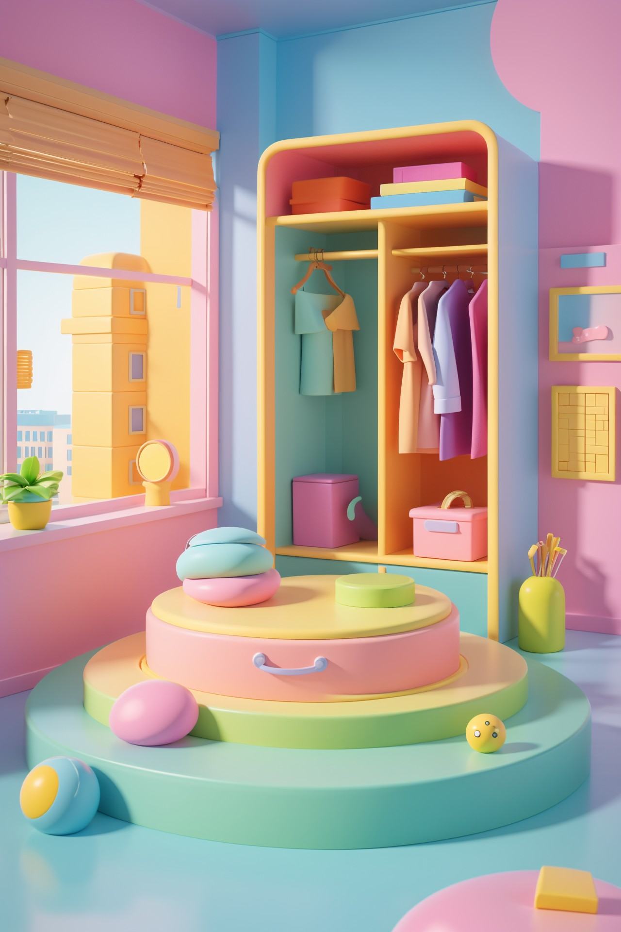 "3D style, Q version cute wardrobe design with rounded edges and pastel-colored doors. The wardrobe is placed in a simple, tidy room with a few cute decorative items, emphasizing its functional and charming design."
