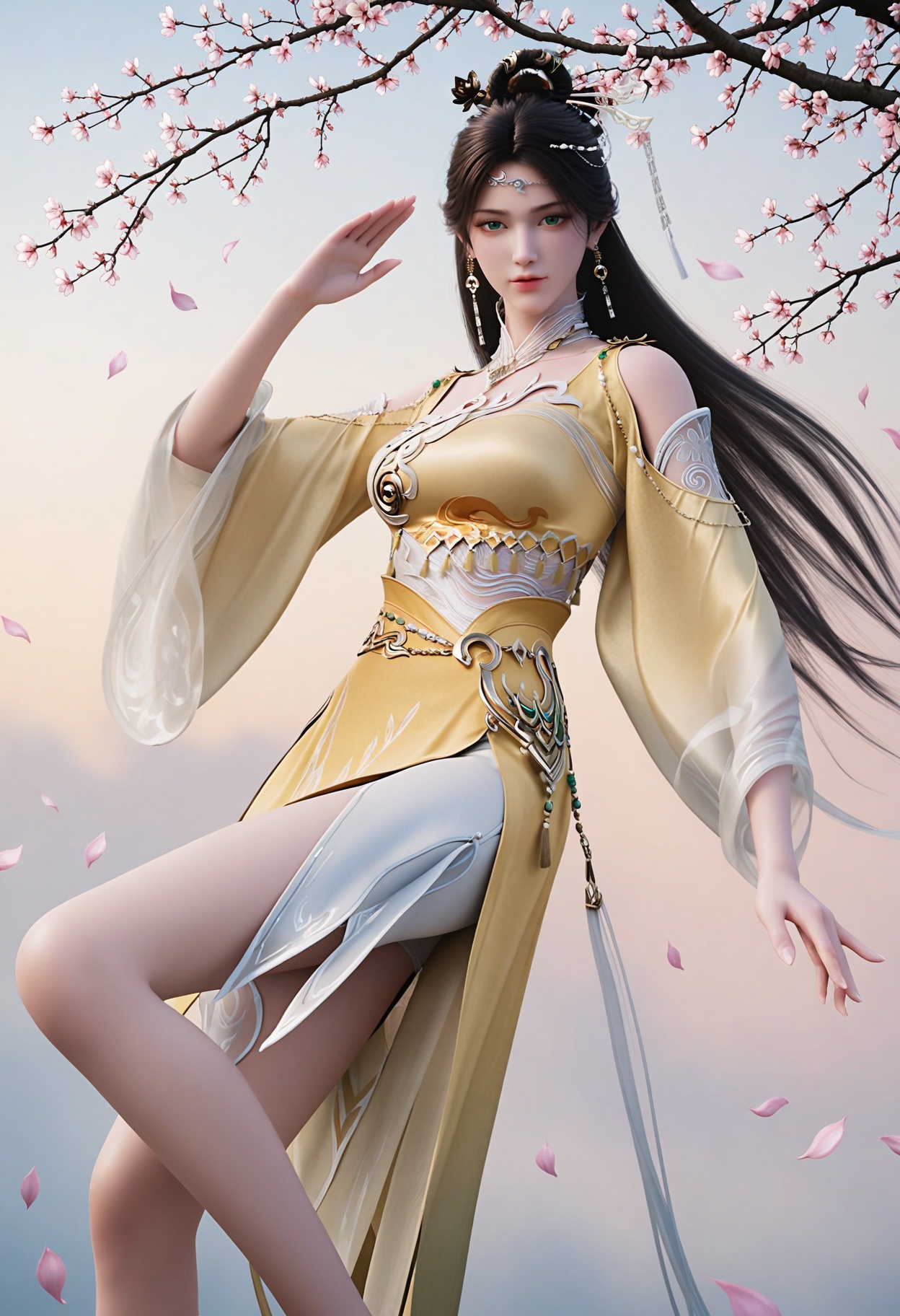 (upper_body:1.1),looking_at_viewer,fantasy,dreamlike,Pastel Colors,hyper realistic,southeast asia,aestheticism,beautiful detailed sky,chinese mythology,wonderland,peach blossom,falling petals,smog,yunxia,dynamic pose,<lora:YQ_li光辉v5_金瓶儿_V1:0.8>,1girl,solo,q1528437228,long_hair,jewelry,earrings,hair_ornament,dress,black_hair,realistic,chinese_clothes,yellow_dress,green_eyes,brown_hair,hair_bun,necklace,single_hair_bun,bare_legs,feet,hair_rings,