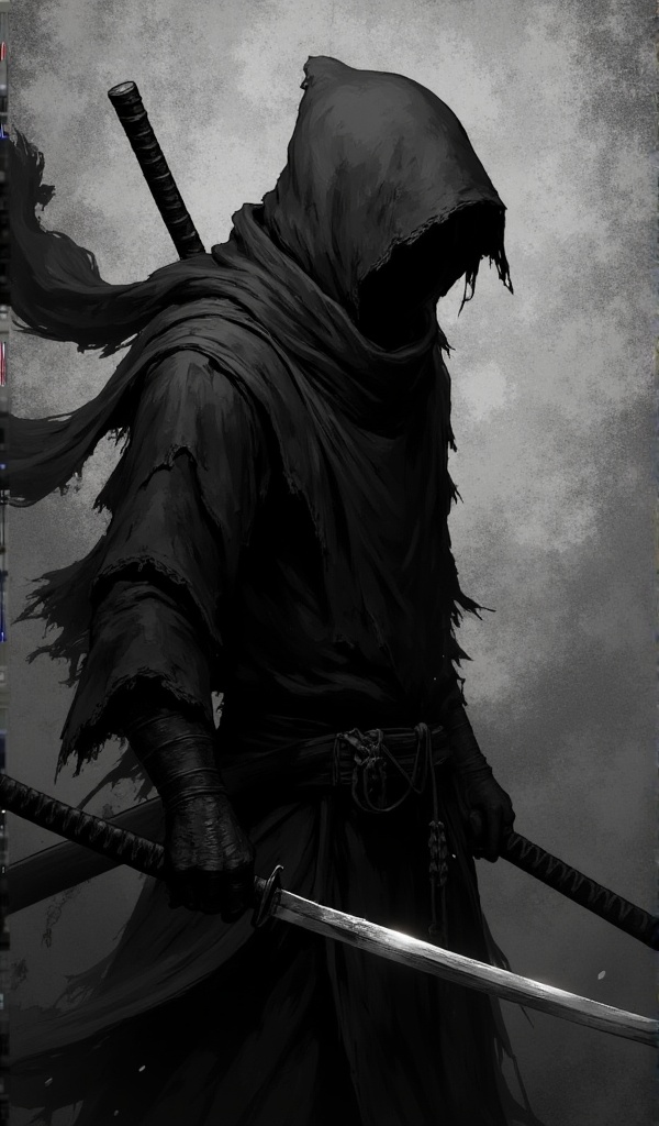 Colorful  Crazy Colors  particle crushing effect  ccccci  A digital painting in a dark, gritty style depicts a hooded ninja wielding a katana. The figure is shrouded in shadows, with a flowing, tattered scarf billowing behind. The background is a textured, smoky gray, enhancing the mysterious and ominous atmosphere. The ninja's face is obscured, adding to the enigmatic feel.  Colorful  Crazy Colors  particle crushing effect  ccccci  A digital painting in a dark, gritty style depicts a hooded ninja wielding a katana. The figure is shrouded in shadows, with a flowing, tattered scarf billowing behind. The background is a textured, smoky gray, enhancing the mysterious and ominous atmosphere. The ninja's face is obscured, adding to the enigmatic feel.
