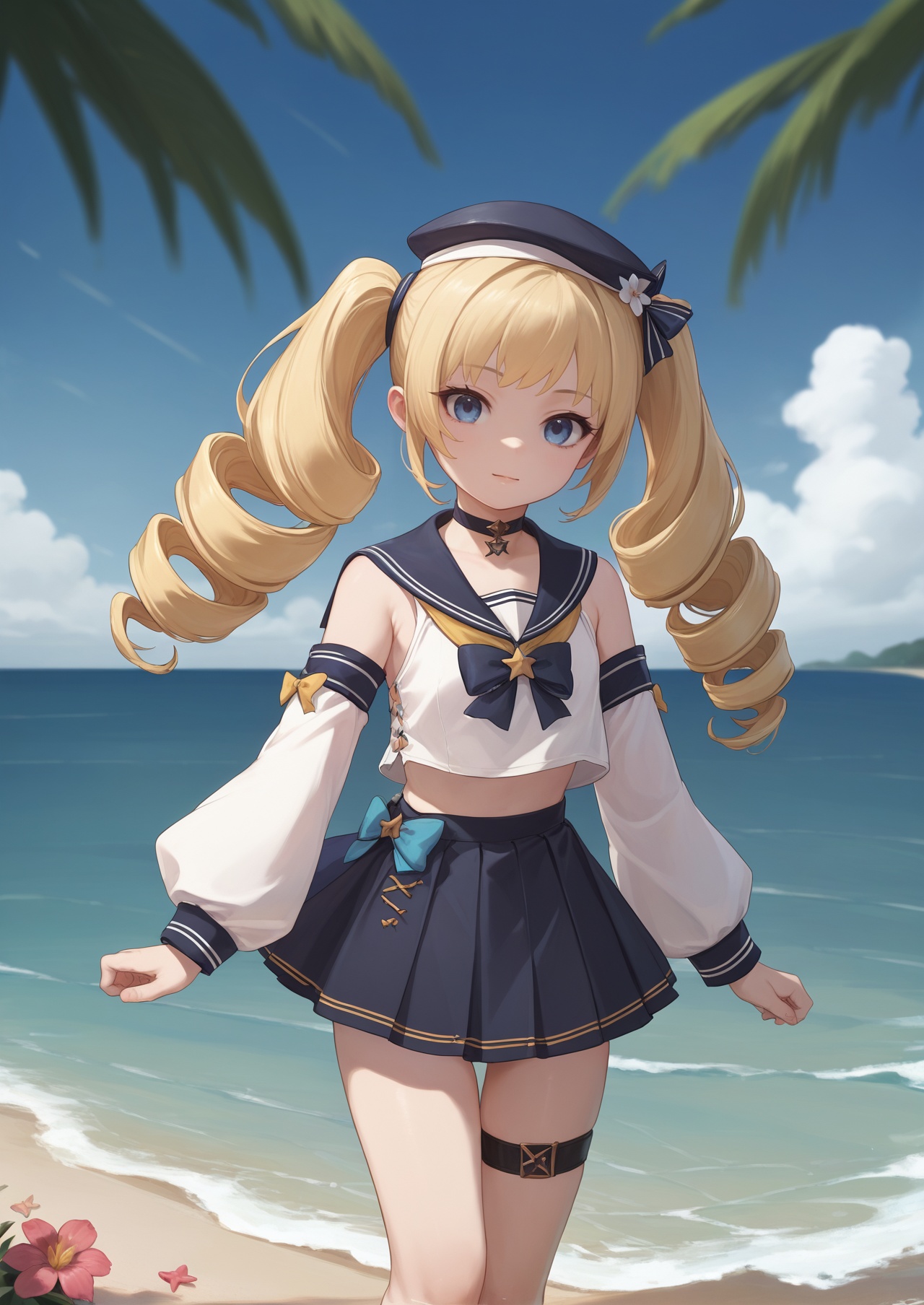 score_10,score_9,score_8_up,score_7_up,1girl,beach,solo,blue eyes,swimsuit,outdoors,blonde hair,hat,detached sleeves,ocean,looking at viewer,twintails,drill hair,choker,day,blurry,blue sky,sailor collar,long hair,sailor hat,sky,twin drills,blurry background,long sleeves,skirt,standing,thigh strap,flower,bow,water,sidelocks,looking_at_viewer,eye-contact,