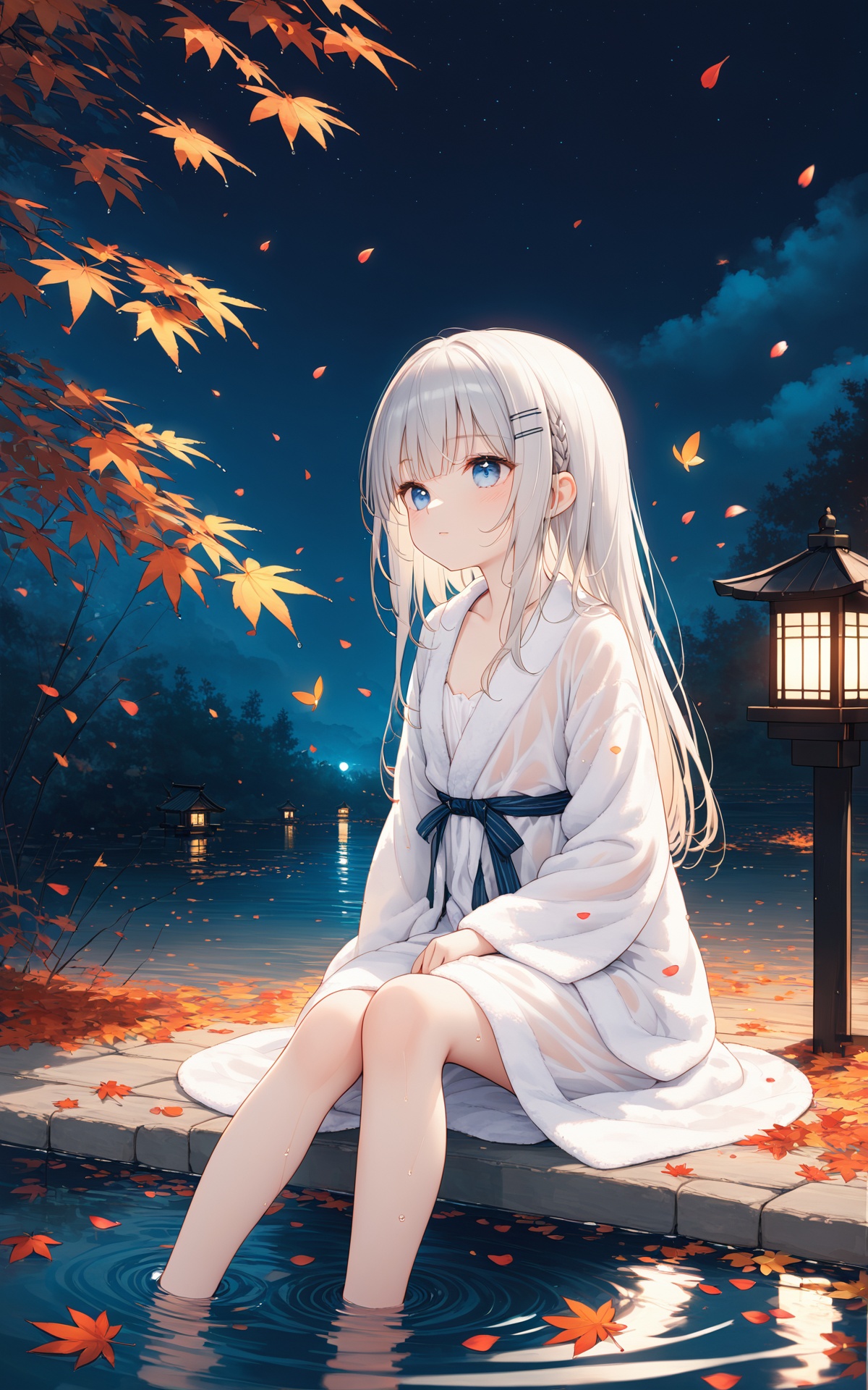 (masterpiece),(best quality),loli,(a girl),8 years old,(((((solo))))),dark,dark,dark,(((night))),(((autumn))),lantern,hairpin,wind,(flying petal:1.5),Dieffenbachia seguine Schott,maple,((Falling Maple Leaves)),((Tyndall effect)),sprinkle,Beautiful detailed water surface,Water Reflection,detailed water,ripple,fog,sitting,Tulle bathrobe,Wet clothing,The water reflects the starry sky,female focus,lovely face,extremely delicate and beautiful girls,blue eyes,diamond and glaring eyes,beautiful detailed glow,lateral view,1 gir,straight hair,silver hair,cleavage,braid,Slender waist,small breast,barefoot,
