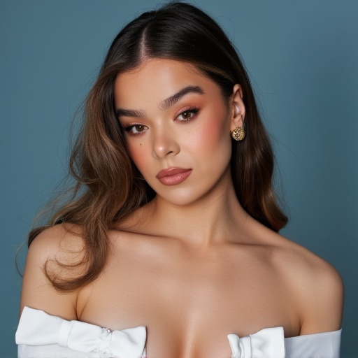 A closeup portrait photo of a woman. Her hair is parted in the middle and falls in loose waves past her shoulders. The wom...