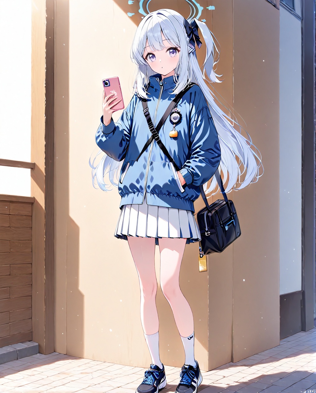 Miyako (blue archive),O,Five fingers,Miyako (blue archive),1girl, solo, halo, long hair, full body, phone, skirt, jacket, white hair, white background, purple eyes, bag, white skirt, cellphone, shoes, socks, one side up, looking at viewer, holding, simple background, pleated skirt, hand in pocket, standing, sneakers, blue jacket, white socks, holding phone, smartphone, bangs, shoulder bag, hair bow, bow, long sleeves,(UHD),anatomically correct,accurate,textured skin,super detail,high details,award winning,best quality,high quality,retina,HD,16k,1080P,