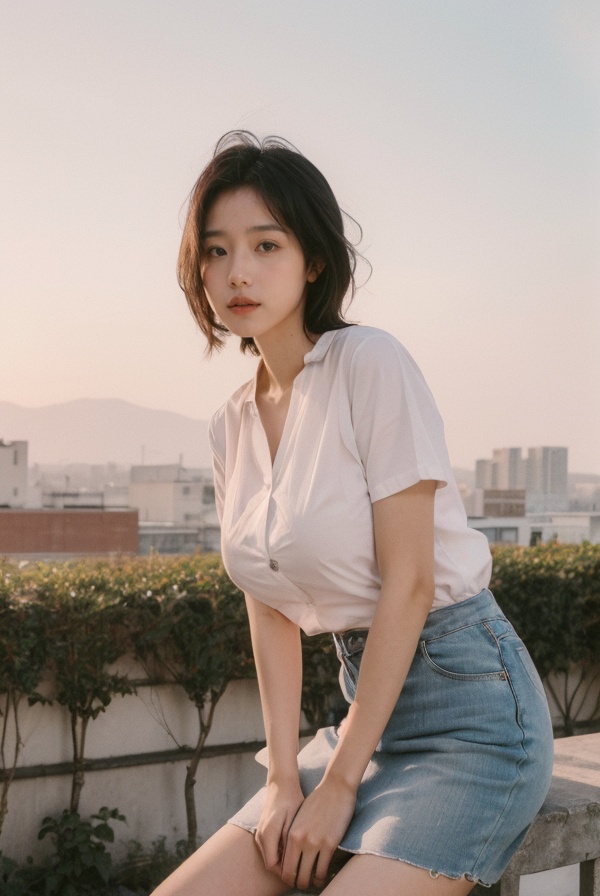 best quality,masterpiece,ultra high res,looking at viewer,simple background,huge breasts,1girl,<lora:KODAK MAX800_lora:0.8>,pencil skirt,button-up shirt,classic pumps,morning glow,pastel sky,cool tones,sun rays,soft light,peaceful atmosphere,early morning serenity.,