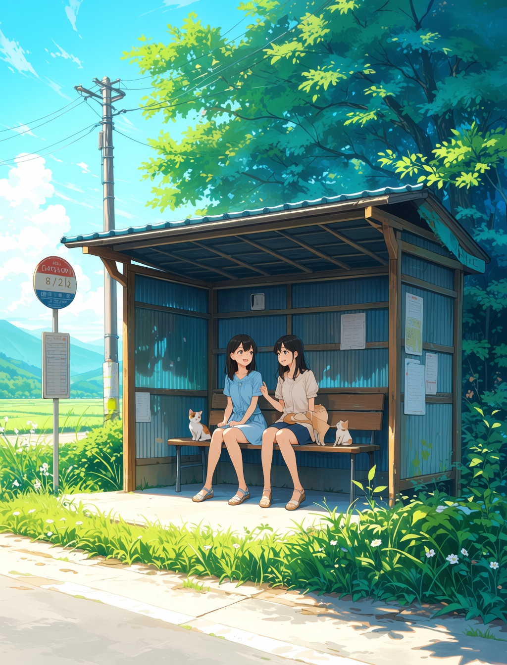 masterpiece,  best quality,  2girls are waiting for the bus on Tensor.Art