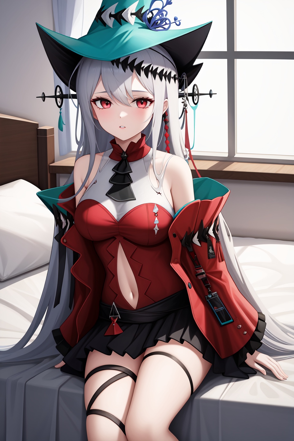 <lora:skadi2-000016:1>,skadi,1girl,skadi the corrupting heart \(arknights\),skadi \(arknights\),solo,official alternate costume,navel,looking at viewer,parted lips,hat,sitting on bed,bedroom,indoors,, 1girl,,  (masterpiece,best quality:1.2),absurdres