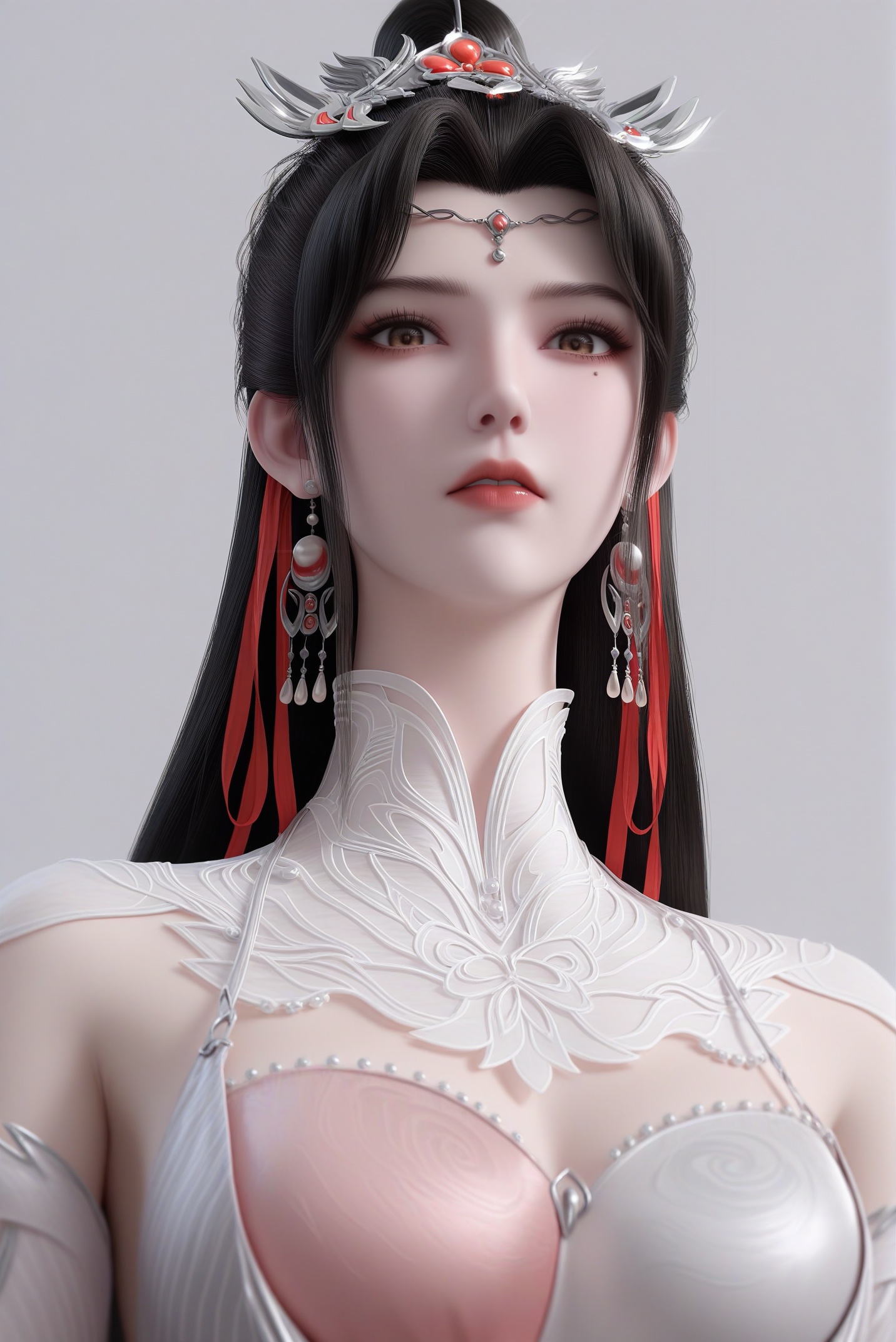 masterpiece,best quality,absurdres,highres,mature female,glamor,(slender:1.1),solo,<lora:柳眉-ill-000009:0.83>,liumei,long hair,black hair,hair ribbon,dangling earrings,crown-like hair ornament,hair ornament,forehead decoration,single hair bun,mole under eye,grey yes,brown_pupils,light blush,BREAKcollarbone,sheer overlay,mandarin collar,jewelry,halter dress,detached sleeves,two-tone bustier,looking at viewer,(front view),grimace,(eyelid_pull:1.1),upper body,BREAK(white_skin:1.1),(fair_skin:1.1),realistic,simple background,white background,