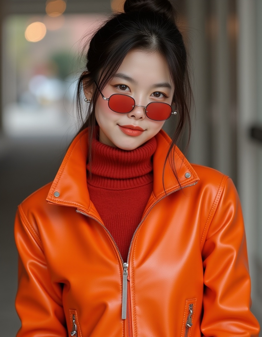 a south korea woman,she was wearing bright leather,