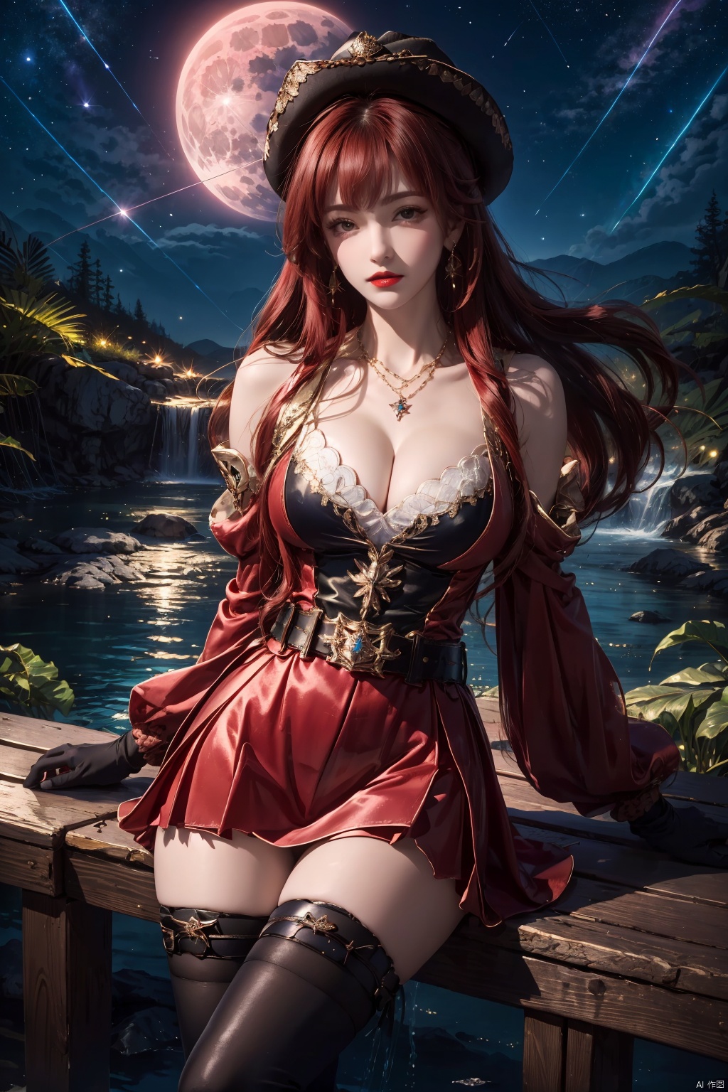 mhc, 1girl, breasts, solo, gloves, thighhighs, jewelry, long hair, hat, large breasts, cleavage, sitting, red hair, dress, night, looking at viewer, earrings, black gloves, belt, moon, bare shoulders, parted lips, black thighhighs, outdoors, star \(sky\), sky, very long hair, necklace, red lips, night sky, lips, arm support, red dress, shooting star, water, starry sky, bangs, detached sleeves, zettai ryouiki, brown hair<lora:EMS-372821-EMS:0.800000>