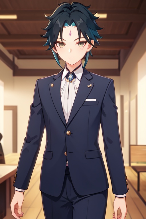 masterpiece,best quality,<lora:xiao:0.6>,1boy,male focus,1boy,(solo:1.5),(xiao (genshin impact):0.9),male focus,cowboy shot,(business_suit:1.5),forehead mark,