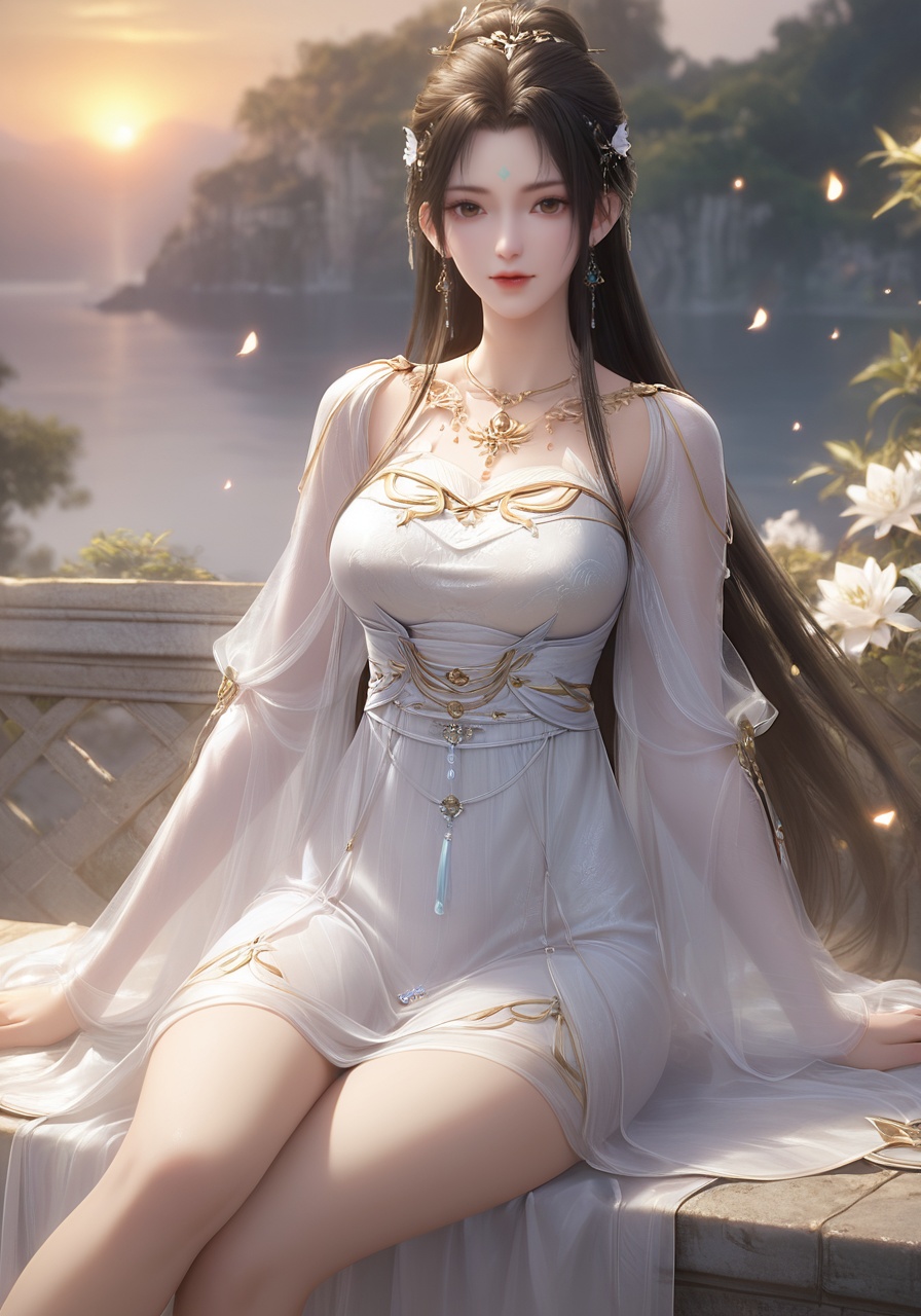 score_9,score_8_up,score_7_up,score_6_up,score_5_up,score_4_up,<lora:wy_qingyi_XL5.5:0.8>,1girl,solo,long hair,breast,medium breast,earrings,hair_ornament,dress,white_dress,forehead_mark,black hair,brown eyes,thick_thighs,manor,sunset,ethereal,game cg,huge filesize,sitting,