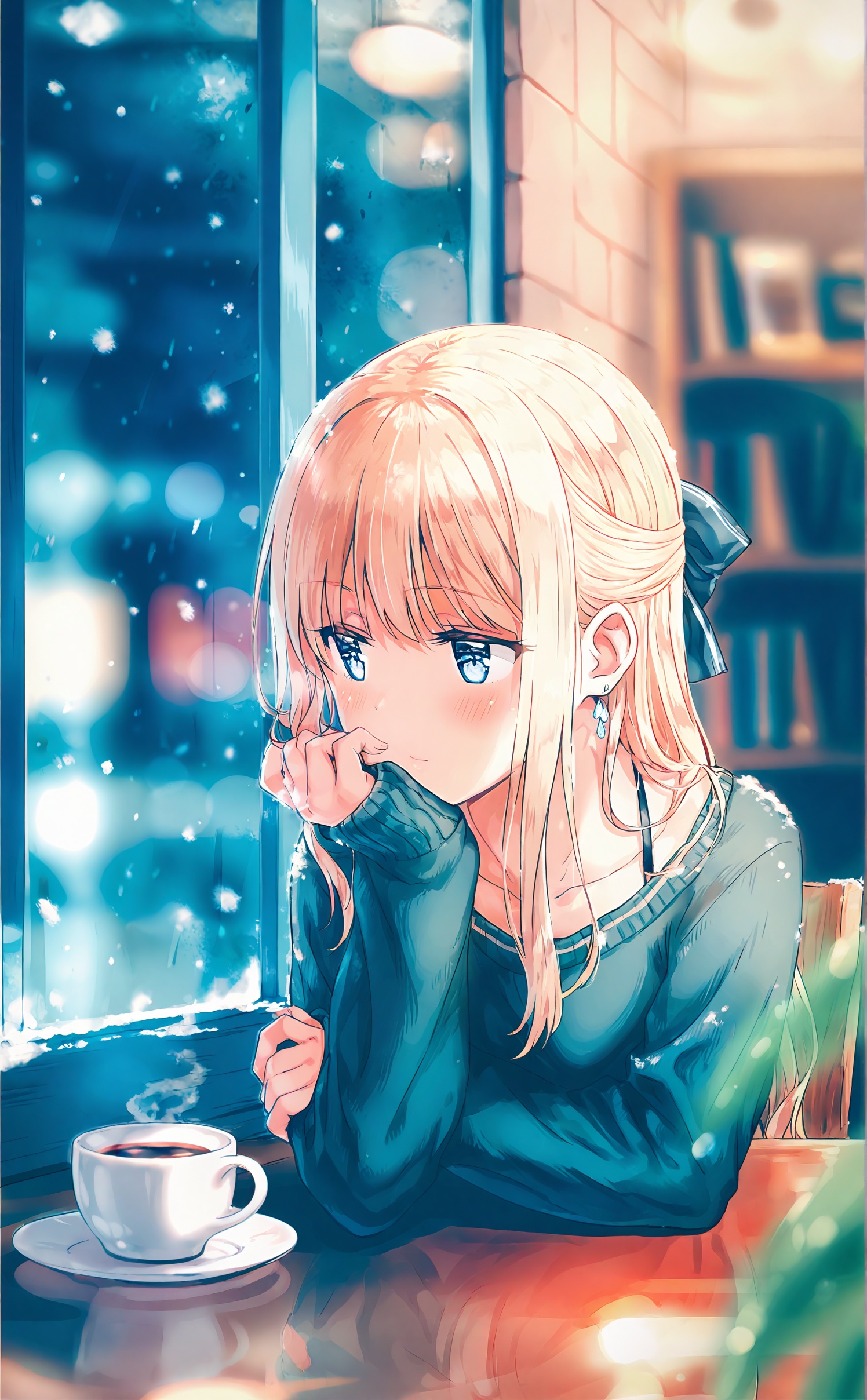 best,1girl,cafe,solo,blonde hair,cup,long hair,window,bra strap,jewelry,blue eyes,saucer,coffee,sitting,earrings,teacup,blurry,collarbone,table,looking outside,depth of field,sweater,indoors,bokeh,long sleeves,half updo,hand on own chin,sleeves past wrists,head rest,bow,chair,blush,elbows on table,elbow rest,blue sweater,hair bow,steam,sidelocks,snowing,upper body,pov across table,closed mouth,blue bow,blurry background,spaghetti strap,plate,looking to the side,snow,night,bookshelf,ribbon,green sweater,off shoulder,off-shoulder sweater,hair ribbon,reflection,coffee mug,blurry foreground,tea,restaurant,<lora:hiten1536up-000007:1>,
