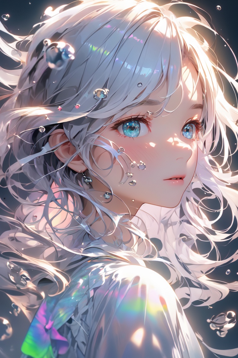 (((masterpiece))),((extremely detailed CG unity 8k wallpaper)),best quality,high resolution illustration,Amazing,highres,(best illumination, best shadow, an extremely delicate and beautiful),Colorful colors,mother of pearl iridescence,1girl,bubble,water,a girl looks into the distance with her hair blowing,in the style of yuumei,chrome reflections,8k 3d,luminous color palette,light white,colorful moebius,simon birch,<lora:digital_colorful-000013:0.9>,