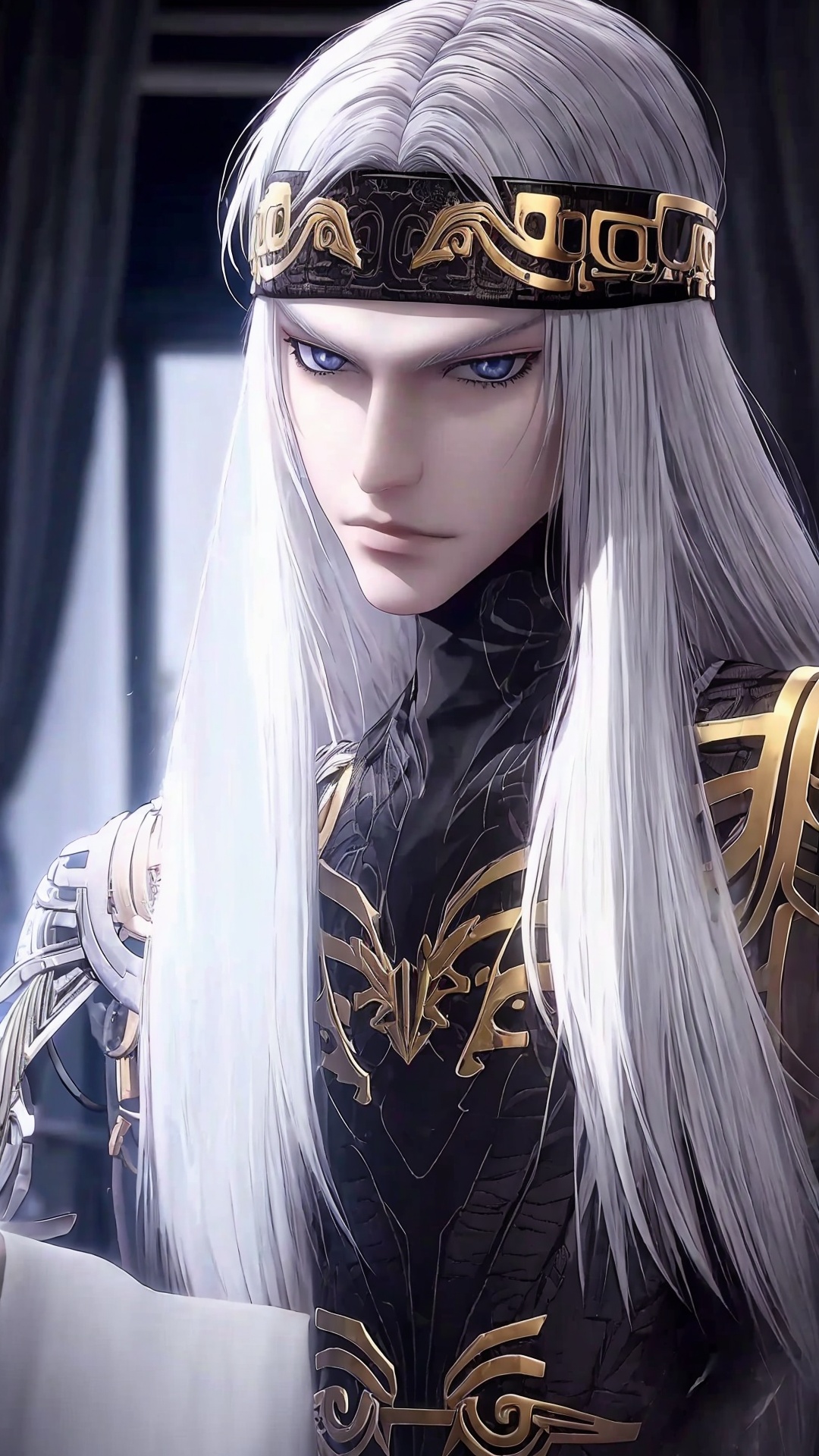 1boy,male focus,solo,headband,white hair,armor,long hair,looking at viewer,curtains,grey eyes,<lora:Weizhuang man Boy Handsome boy_20240829170049:0.8>,full_shot,incredibly absurdres,wallpaper,moody lighting,<lora:MN:0.4>,