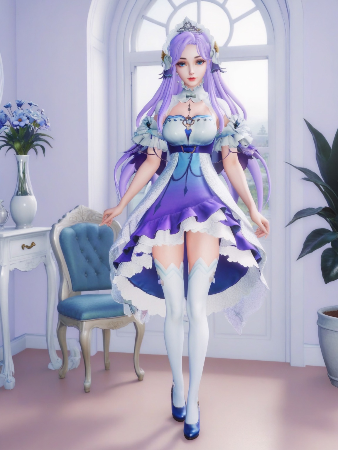 score_9,<lora:SF_DaQiao_ZAHJ_Pony_Realism2.3-000004:0.7>,1girl,SFDaQiao,solo,breasts,looking at viewer,dress,hair ornament,purple hair,long hair, lipstick,makeup,eyelashes,eyeshadow,thighhighs,standing,blue footwear,white thighhighs,chair,window,indoors,flower flower pot,