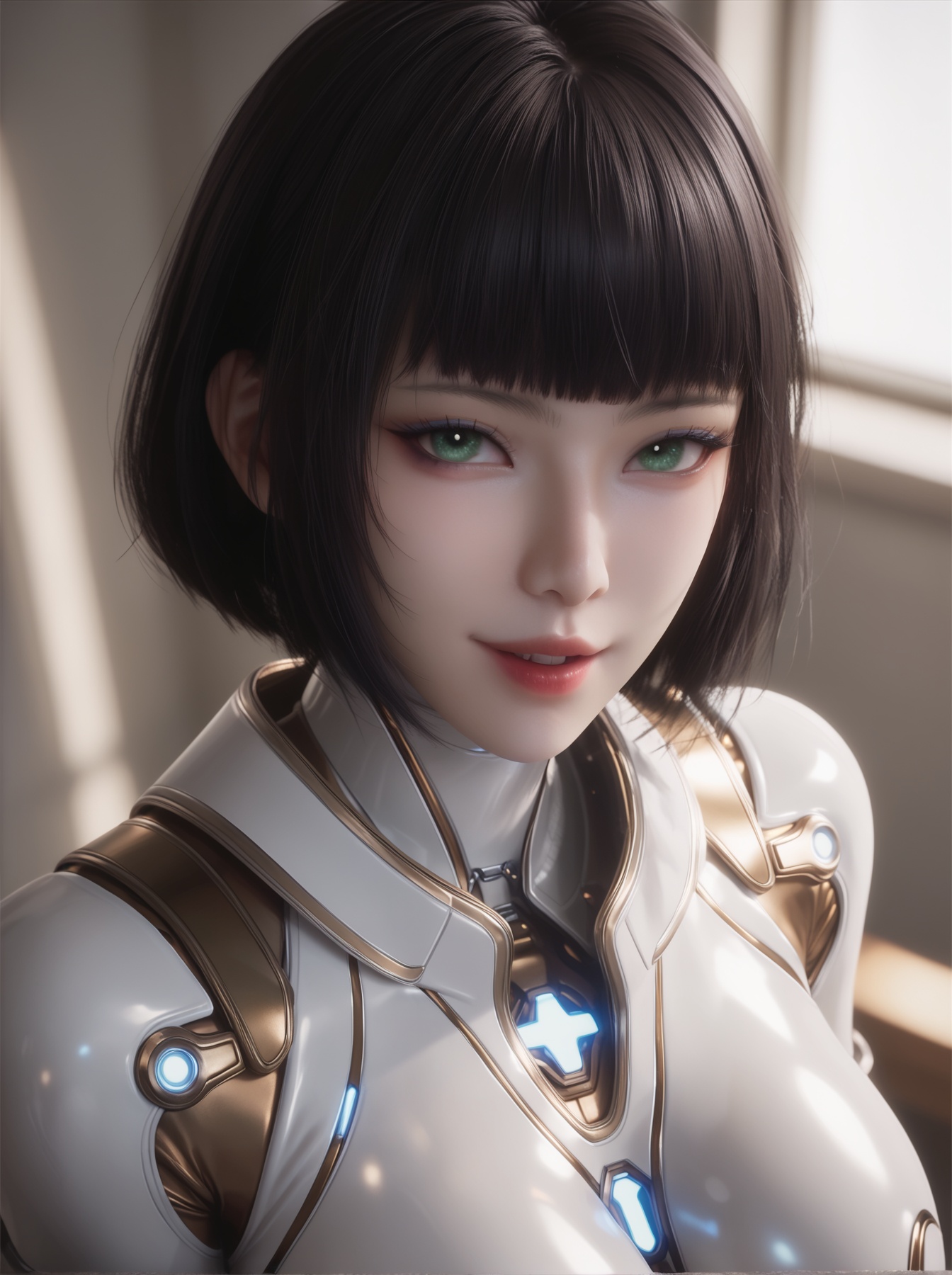 jiqing,<lora:jiqingXL:0.8>,looking at viewer,short hair,blunt bangs,bob cut,(smile:0.7),(parted lips:0.7),(open mouth:0.7),pale skin,green eyes,eyelashes,bodysuit,black hair,big breasts,portrait,looking at viewer,extremely detailed cg 8k wallpaper,cold color,score_9,score_8_up,score_7_up,(masterpiece, best quality, ultra-detailed, absurdres:1.4),8k resolution,32K UHD,ultra-high resolution,sharp focus,highly detailed,masterful details,in the style of fashion photography,with a high-end texture,(Dynamic Angle:1.2),(dynamic pose:1.2),Dynamic cinematic lighting,dramatic shadows,lim lighting,soft volumetric rays,god rays,chiaroscuro,contrasting light and shadow,neutral white balance,color-balanced,vivid colors,well-balanced contrast,desaturated yellows,reduce yellow cast,crisp details,A loft-style apartment with exposed concrete walls,where holographic neon flowers float above a minimalist desk. The girl lounges on a translucent chair,backlit by RGB strip lighting and a giant curved screen displaying abstract visuals. Macro details of glossy surfaces and light trails,cyberpunk-meets-industrial aesthetic. --ar 16:9 --v 6,