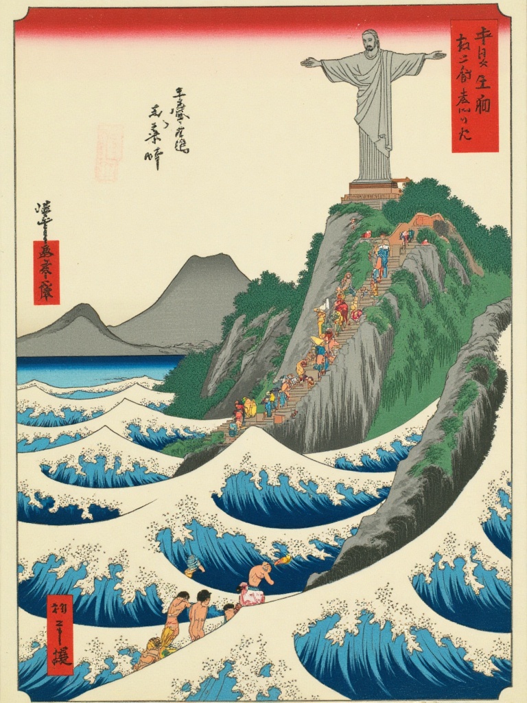 Xgechuanguangchong, Christ the Redeemer in Rio de Janeiro, ukiyo - e style. White statue in pink - white and light gray, arms encircled by a golden halo. Copacabana Beach below has bikini - clad people alongside yukata - dressed ukiyo - e figures. Waves in traditional patterns. Sugarloaf Mountain in blue - green, rose - colored sunset in the sky.