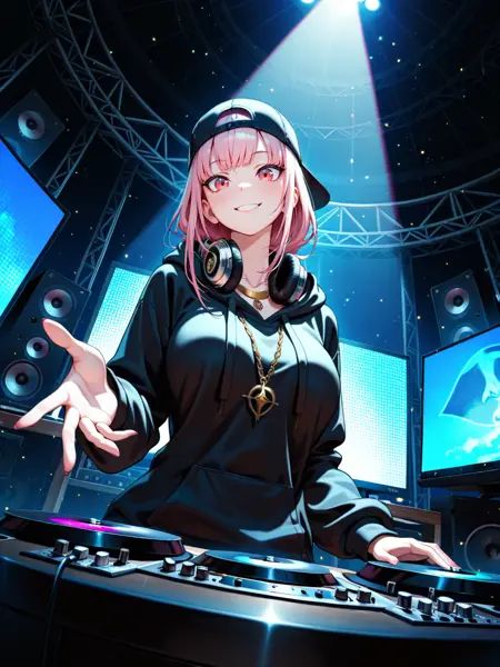 masterpiece, very aesthetic, absurdres, detailed face, detailed background, detailed eyes,ambient occlusion, raytracing, soft lighting,solo, ***** lady,mori calliope,headphones around neck, backwards hat, gold chain, gold necklace, chain necklace, oversized hoodie, black hoodie,outdoor, live stage, stage lights, spotlight, light particles, big screen, speaker, colorful lighting,smile, skinny, curvy, slender face, big eyes,dj, laptop, computer, turntable, dutch angle, hand on table, hand up, from below, reaching, fisheye
