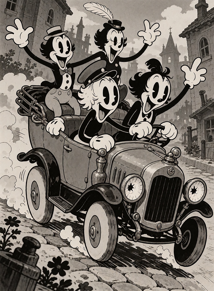 characters riding in a tiny exaggerated vintage car,  crowded composition,  expressive faces on Tensor.Art