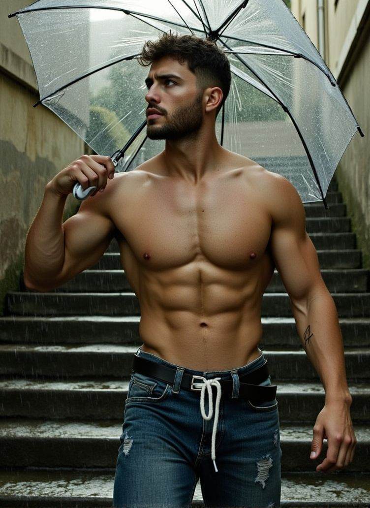 aaron owen ,  stands on a large stone staircase,  the rainwater cascading on the steps. He holds a transparent umbrella in...