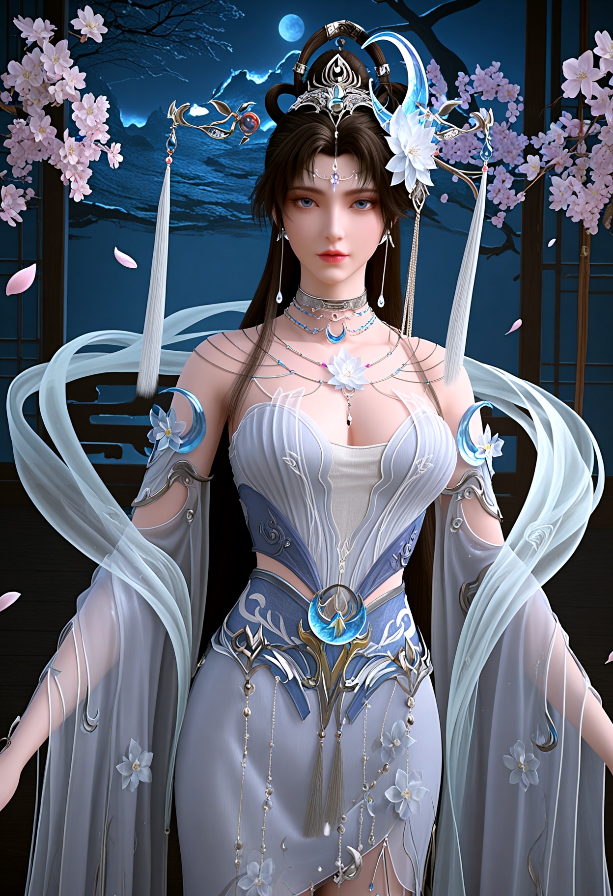 (full_body:1.2),(gigantic breasts:0.6),(slender:1.3),(looking_at_viewer:1.1),(masterpiece:1.1),(best quality:1.2),(intricate details),(smog:1.3),(Dark room:1.3),(dim lighting:1.3),peach blossom,falling petals,<lora:YQ_Illustrious光辉v5_邀月公主_V1:0.8>,q1528437228,1girl,solo,jewelry,long hair,hair ornament,earrings,blue eyes,necklace,dress,forehead mark,black hair,hair flower,brown hair,white dress,hair bun,detached sleeves,hair rings,masterpiece,(best quality),(intricate details:0.9) BREAK (intricate details:0.9),(realistic skin:1.2),masterpiece,best quality,newest,absurdres,hiahres,