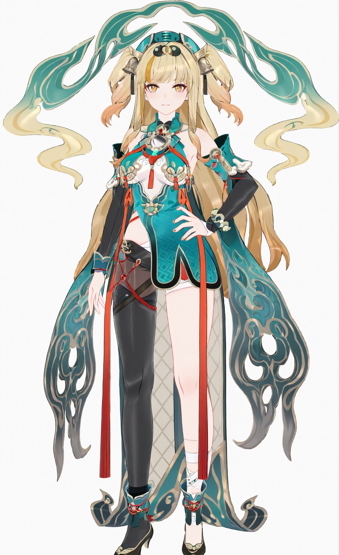 8k, best quality, masterpiece, (ultra-detailed), (high detailed skin), (white background:1.3), (full body:1.25), (white background), standing, looking at viewer, (solo), hands on hips, <lora:songque-artiwaifu-Tanger-000009:0.8>, songque, 1st clothes, shen1, 1girl, blonde hair, long hair, two side up, breasts, multicolored hair, (beautiful_face), ((intricate_detail)), clear face, ((finely_detailed)), fine_fabric_emphasis, ((glossy)), full_shot, 