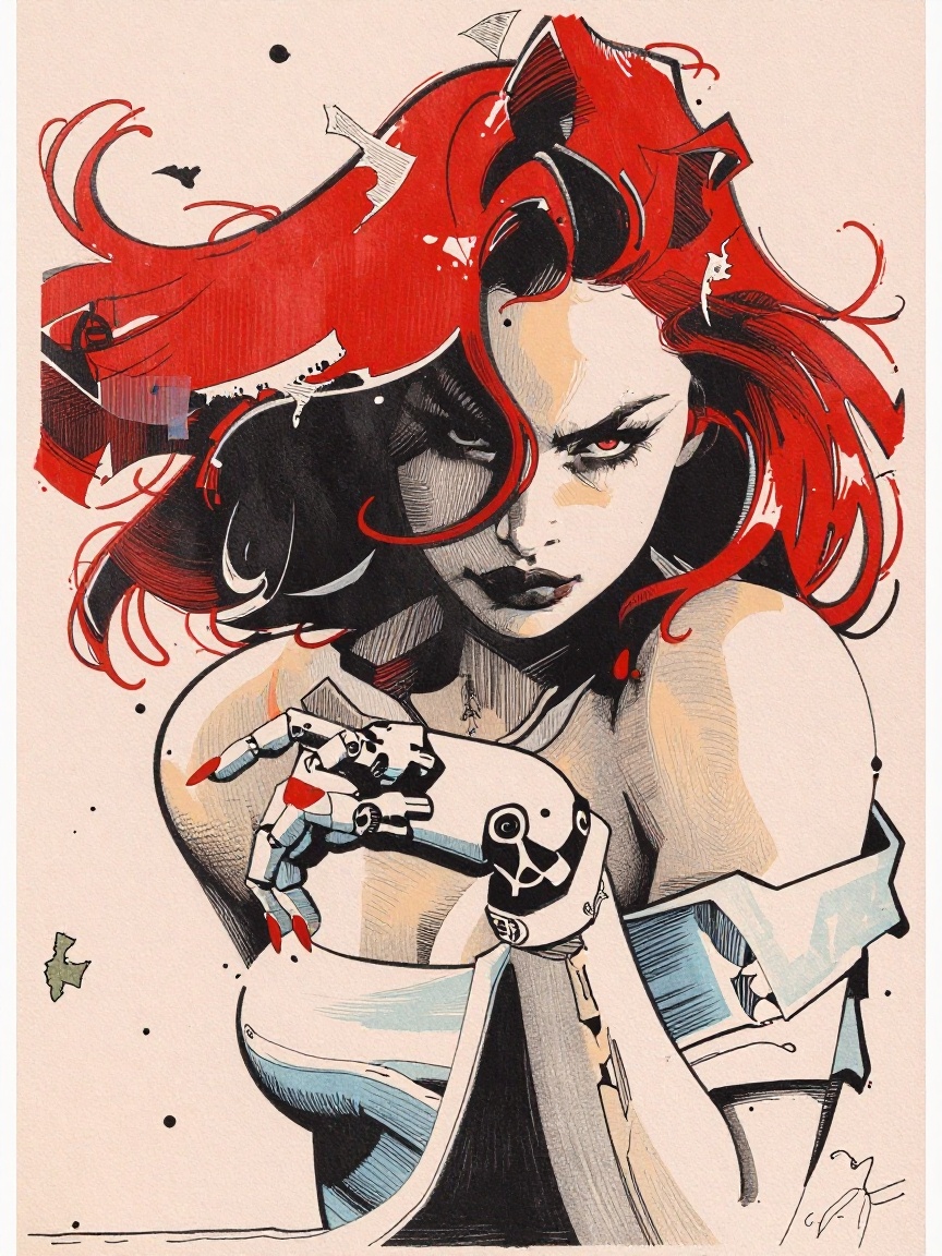 Kaljedef art style: A striking illustrated portrait of a woman with vibrant red hair flowing dynamically around her face,...