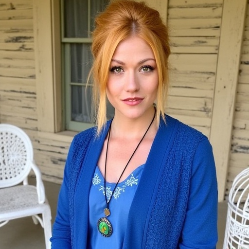 This photograph features a fair-skinned woman with light red,  shoulder-length hair styled in a loose,  slightly messy upd...