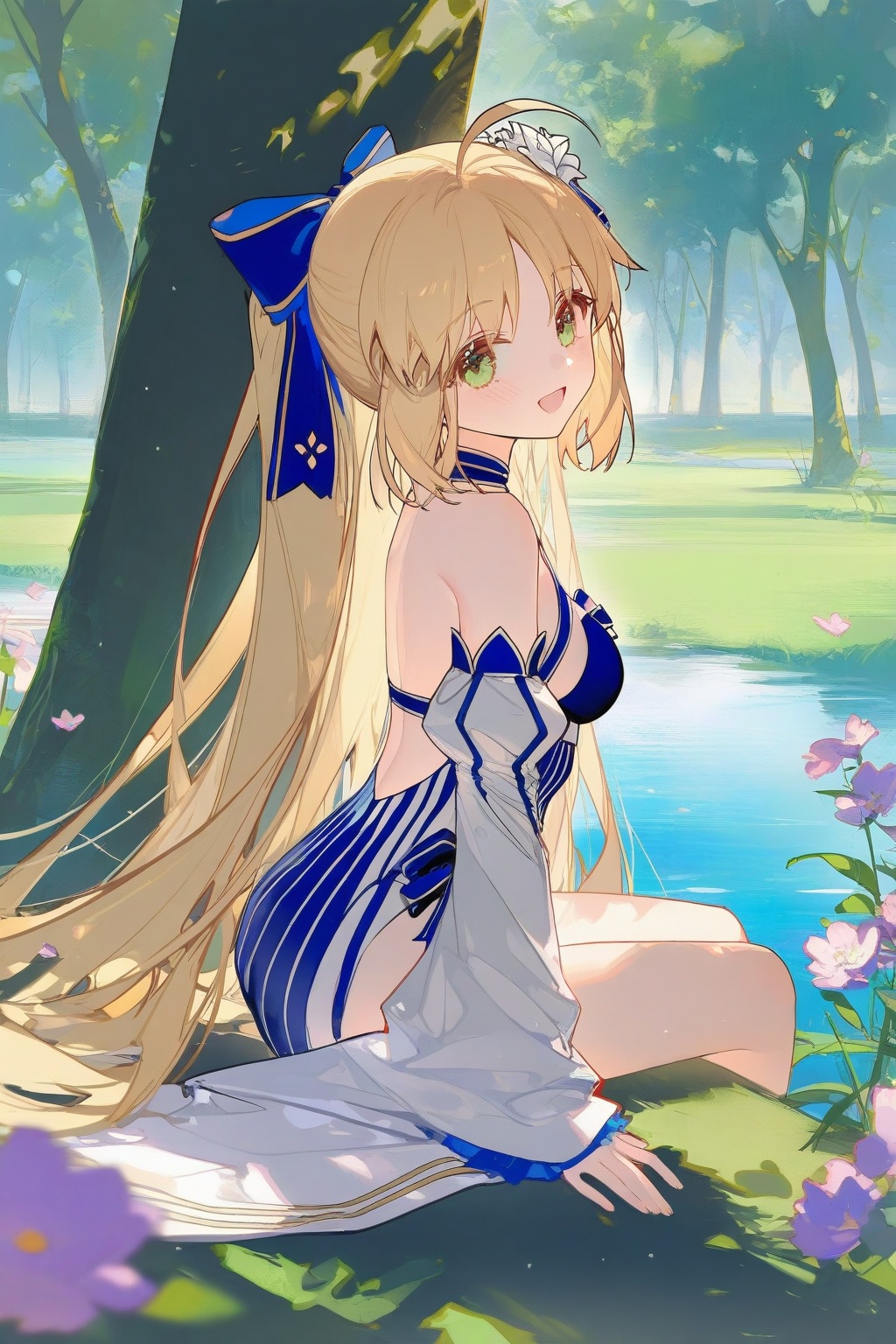 <lora:nai4.5zhengliu-ckxl0.2_v2:0.9>,high resolution,aesthetic,excellent,medium resolution,newest,year 2025,1girl,solo,artoria caster \(fate\),\(artoria caster \(swimsuit berserker\) \(third ascension\) \(fate\):1.2\),ahoge,bare shoulders,blue one-piece swimsuit,bow,choker,detached sleeves,green eyes,hair bow,long hair,long sleeves,medium breasts,one-piece swimsuit,ribbon,star \(symbol\),striped clothes,striped one-piece swimsuit,swimsuit,wide sleeves,sitting,leaning against tree,giant tree,tree trunk,river,water,waterside,grass,meadow,lush greenery,nature,outdoors,sunlight,dappled sunlight,blooming flowers,forest,side view,from side,high angle,looking at viewer,smiling,happy,blush,cinematic lighting,masterpiece,best quality,highly detailed,depth of field,soft lighting,(koujuan:1.1),(rella:1.1),ruoganzhao,(ningen mame:0.7),(watercolor:1.2),