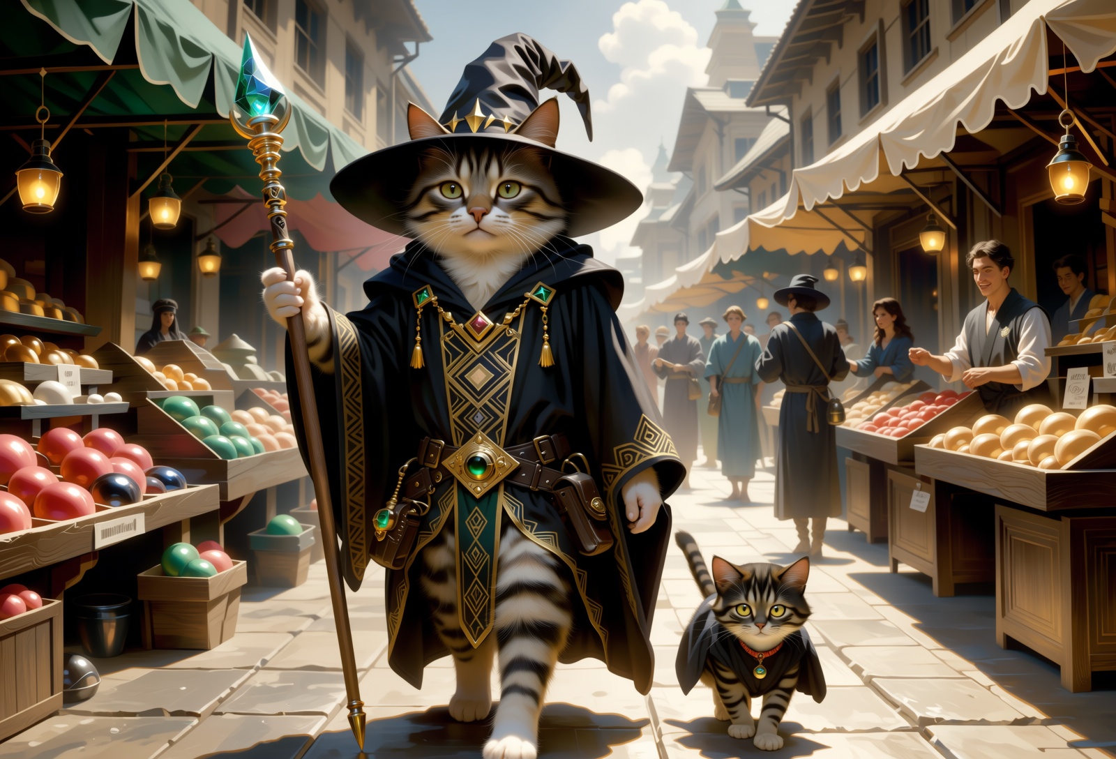 wallpaper digital illustration of A cat dressed as a wizard with staff on one hand and wearing a black robe adorned with g...