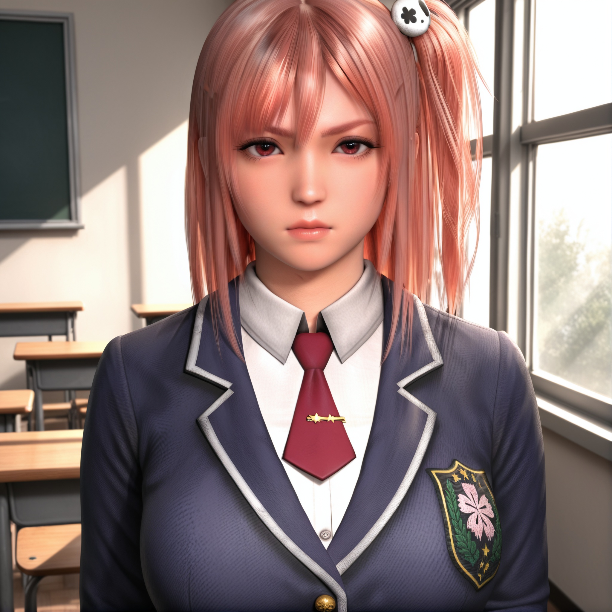 masterpiece,best quality,absurdres,highres,looking at viewer,front view,(scowl),(heavy_breathing),upper body,(glamor:1.1),narrow waist,<lora:Honoka (doa)_ill:0.85>,1girl,solo,1girl,solo,honoka \(doa\),pink hair,one side up,side ponytail,skull hair ornament,school uniform,white collared shirt,school blazer,red necktie,rim light,Volumetric Lighting,Tyndall effect,Cinematic Lighting,fantasy,school desk,school,window,