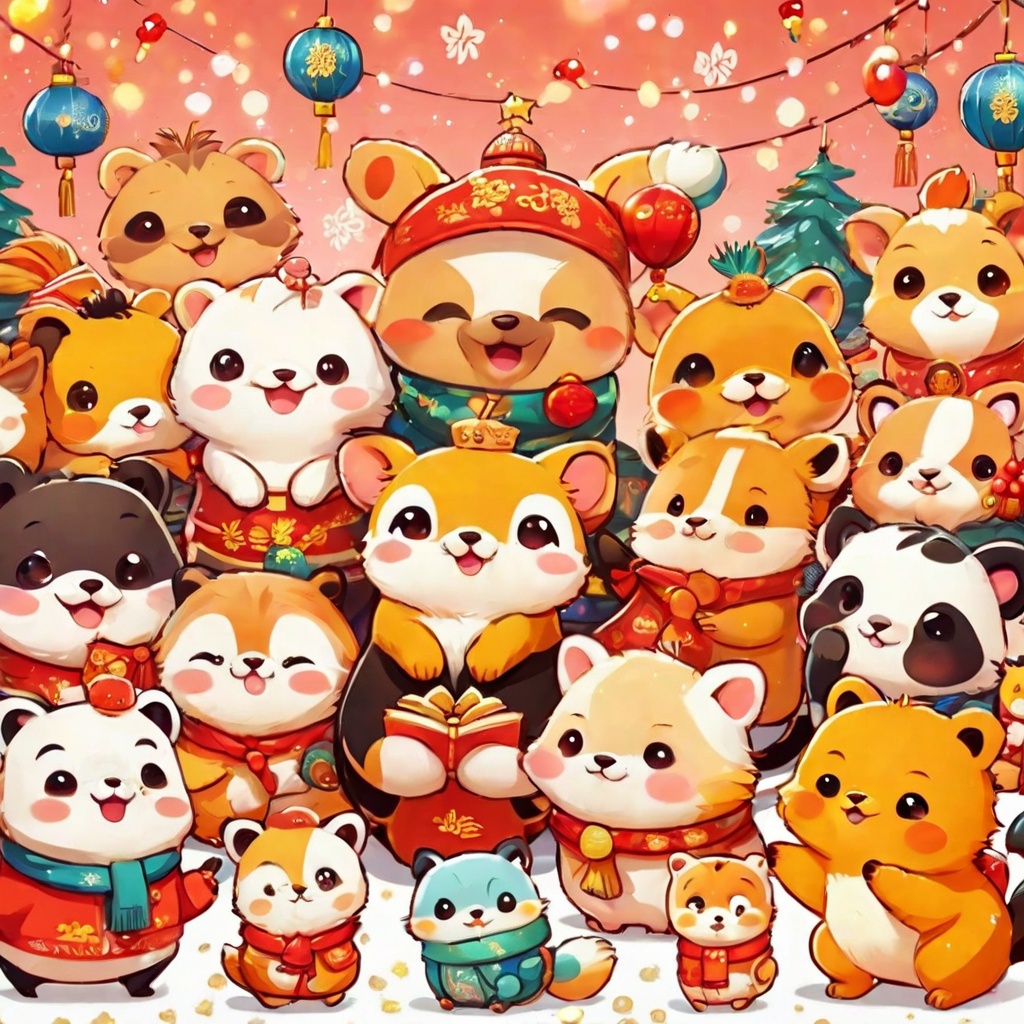 many animals,cute,poakl cartoon newyear style,best quality,masterpiece,<lora:poaklSDXLcartoonnewyearV2-000007:0.6>,