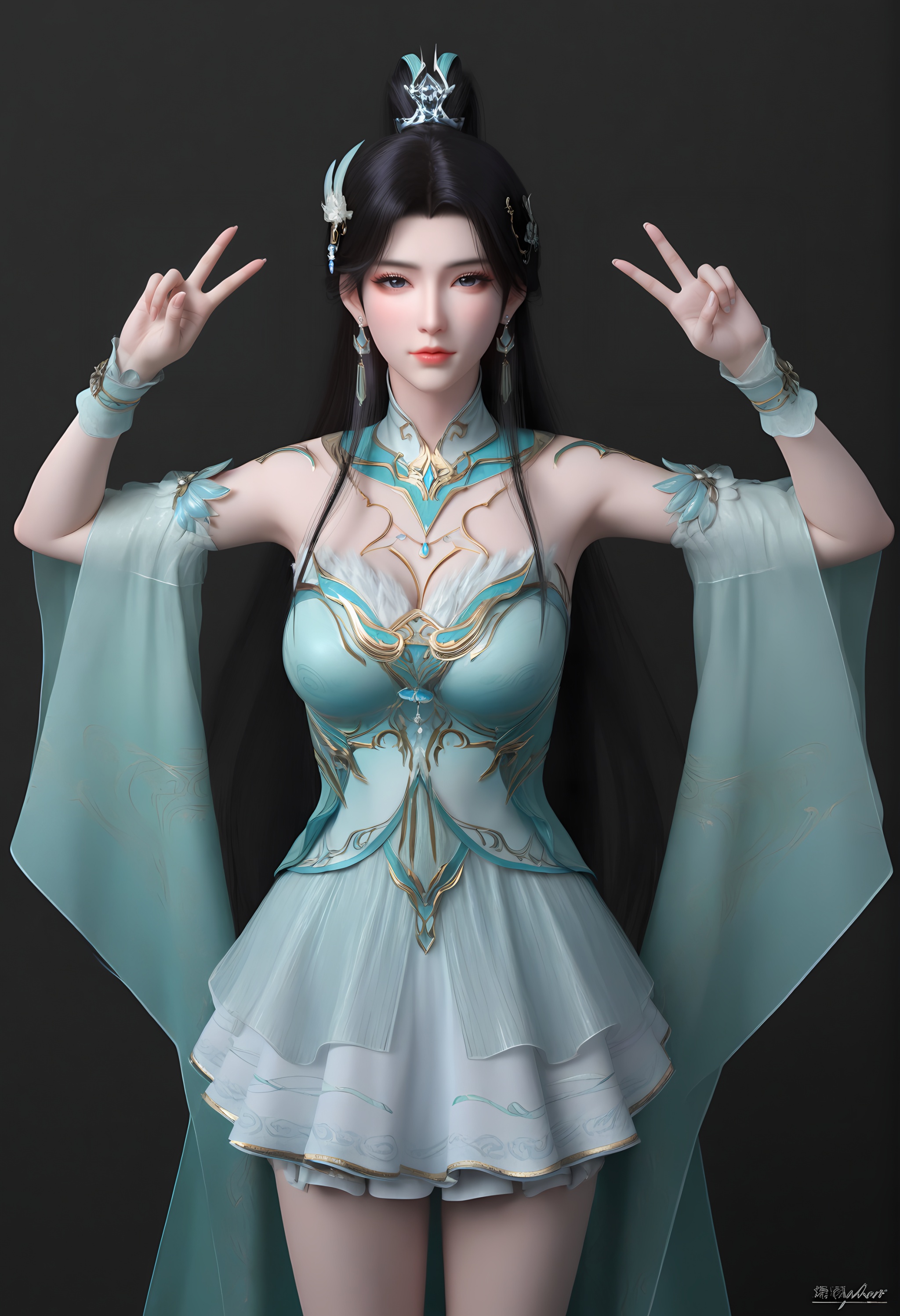 (score_9),<lora:古熏儿2-apony:0.83>,guxuner,1girl,solo,long hair,hair ornament,earrings,ponytail,hair tie,black hair,jewelry,single hair bun,gold accessory,detached collar,jewelry,dress,detached sleeves,wrist cuffs,cape,bare legs,mature_female,collarbone,large breasts,cleavage,BREAK<lora:Expressive_H-000001:0.8>,light blush,Expressiveh,looking at viewer,front view,standing,(double v), <lora:e肤色滑块:0.25>,fair_skin,(pale skin),ultra-detailed skin texture,detailed textures,<lora:皮肤凹痕:1.2>,BREAKsimple background,black background,<lora:e色温:0.25>,4K ultra HD,sharp focus,high detail,high contrast,