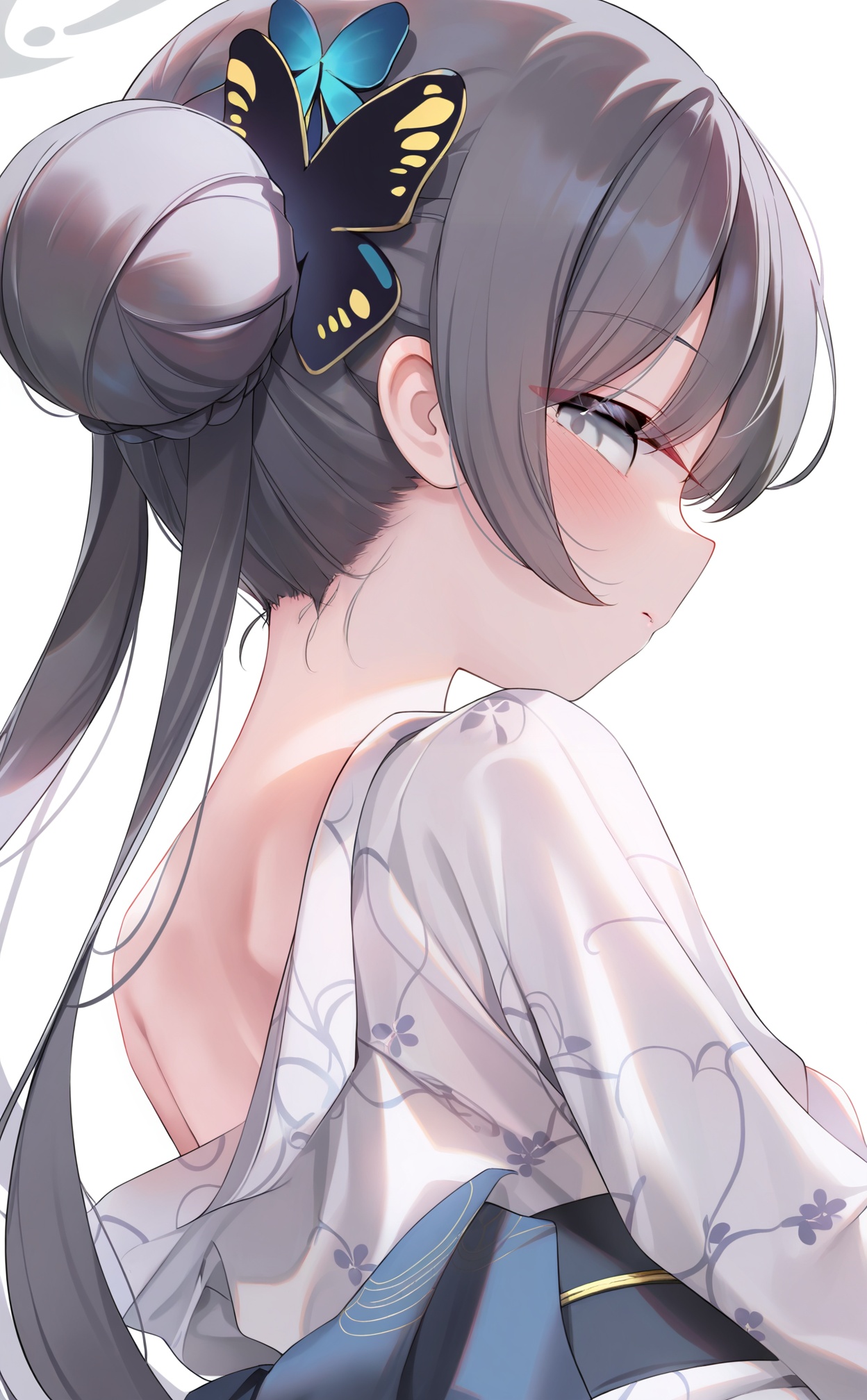 masterpiece,absurdres,best quality,loli,petite,high quality,chromatic_aberration,nsfw,//,1girl,halo,solo,butterfly hair ornament,japanese clothes,black hair,hair bun,white kimono,kisaki (blue archive),hair ornament,grey eyes,kimono,looking at viewer,simple background,double bun,grey halo,white background,looking back,twintails,long hair,upper body,braid,braided bun,from behind,closed mouth,sash,obi,nape,back bow,long sleeves,//,<lora:guizhencao3——【noob】hans:1>,