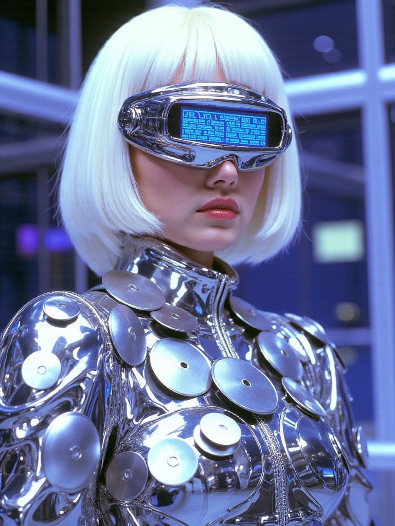 Y2K cyberspace portrait of a gender-fluid figure wearing a metallic bodysuit adorned with optical discs and mini LCD scree...