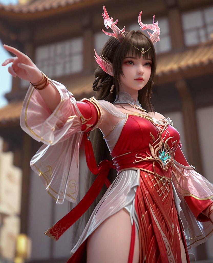 (oriental architecture, elegant decor, sophisticated style:1.1),(martial arts spinning hook kick:1.1),(breasts:1.2),<lora:XL百炼成神龙宫云落:0.95>,miss yunluo,brown hair,ong hair,red dress,hair ornament,jewelry,bare shoulders,braid,antlers,brown eyes,earrings,detached sleeves,pointy ears,detached collar,, zPDXL2, score_9, score_8_up, score_7_up BREAK realistic, masterpiece,best quality, highly detailed,, zPDXL3, zPDXL2,zPDXL, zPDXLxxx, zPDXLrl,