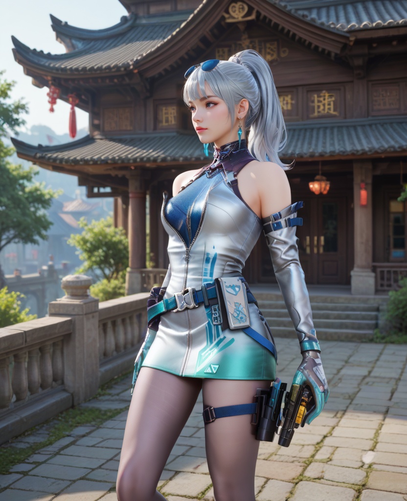 (oriental architecture, elegant decor, sophisticated style:1.1),(looking away:1.1),(breasts:1.2),<lora:XL16穿越火线王者雾蒙蒙保卫者:0.95>,miss wumengmeng,short silver dress,blue corset,silver hair,ponytail,long hair,sunglasses,earrings,elbow gloves,belt,holstered,pantyhose,black heels,, score_9,score_8_up,score_7_up,score_6_up,score_5_up,score_4_up,3d rendering,tag1,tag2, Cinematic Lighting,backlighting,, zPDXL3, zPDXL2,zPDXL, zPDXLxxx, zPDXLrl,