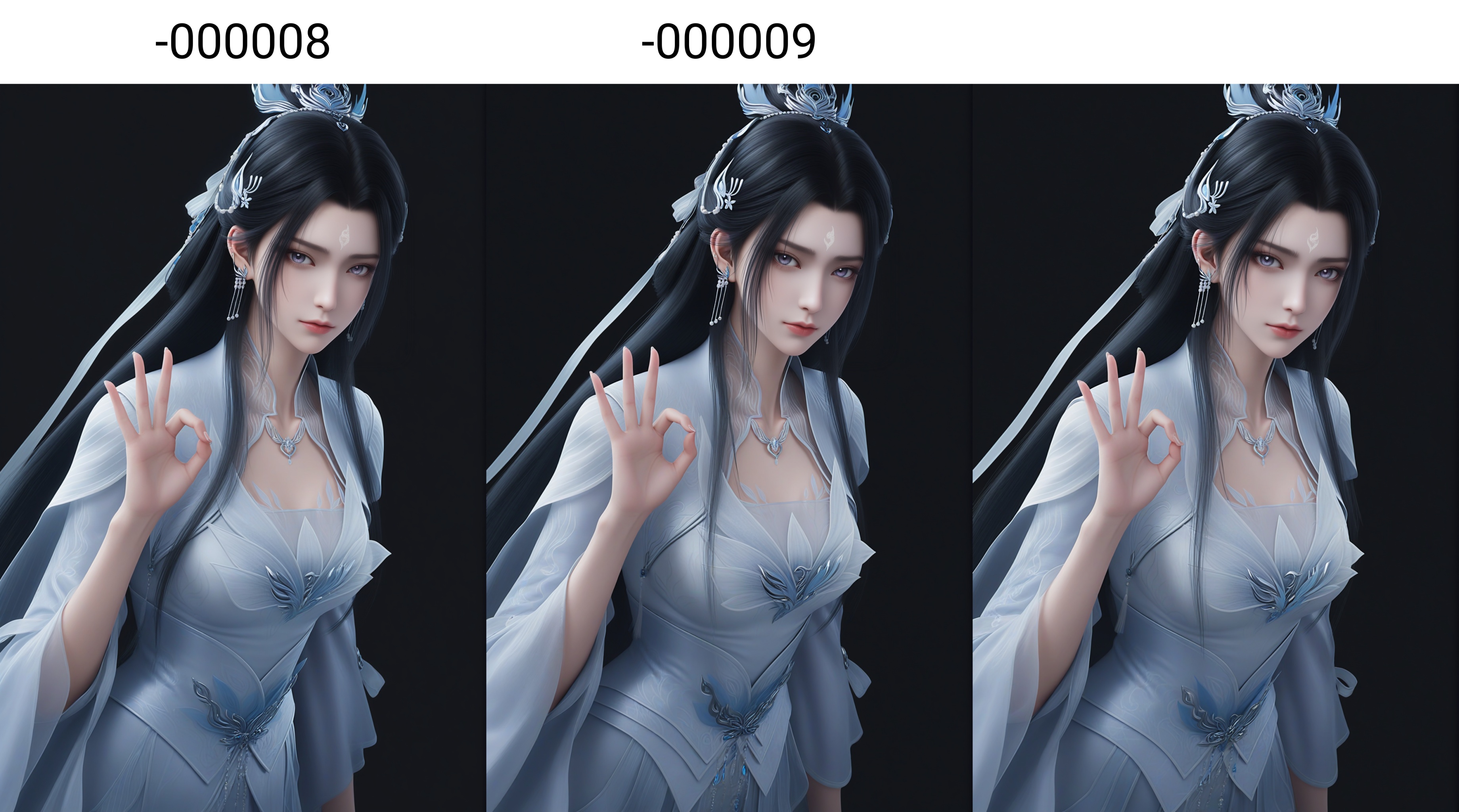 masterpiece,best quality,absurdres,highres,mature female,solo,<lora:新-陆雪琪-ill-000008:0.83>,luxueqi,long hair,black hair,hair ornament,jewelry,earrings,forehead mark,hair bun,hair ribbon,grey_eyes,purple_pupils,BREAKcollarbone,sheer overlay,necklace,dress,belt,looking at viewer,(front view),(ok_sign),cowboy shot,simple background,black background,