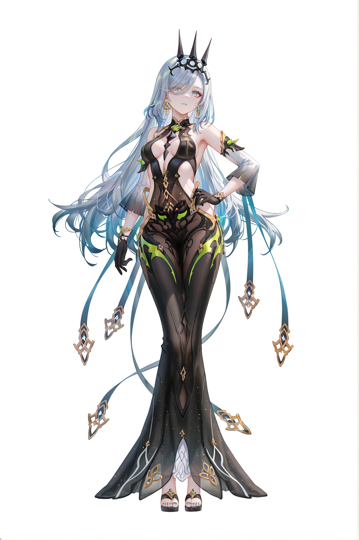 8k,best quality,masterpiece,(ultra-detailed),(high detailed skin),((artist:reoen),(artist:fuzichoco),(artist:atdan),(artist:torino_aqua),year 2024:0.8)1girl,[artist:wlop],[artist:ningen_mame],artist:ciloranko,[[artist:rhasta]],artist:tidsean,colorful,jijia,2d,ambient light,full body,full shot,standing,looking at viewer,(solo:1.2),simple background,(white background:1.2),hand on own hip,(white background:1.1),shenhe \(genshin impact\),grey hair,<lora:mobius-ill-Tanger:0.8>,mobius, mobius's def clothes, black Trident Crown, 1girl, black gloves, black dress, earrings,