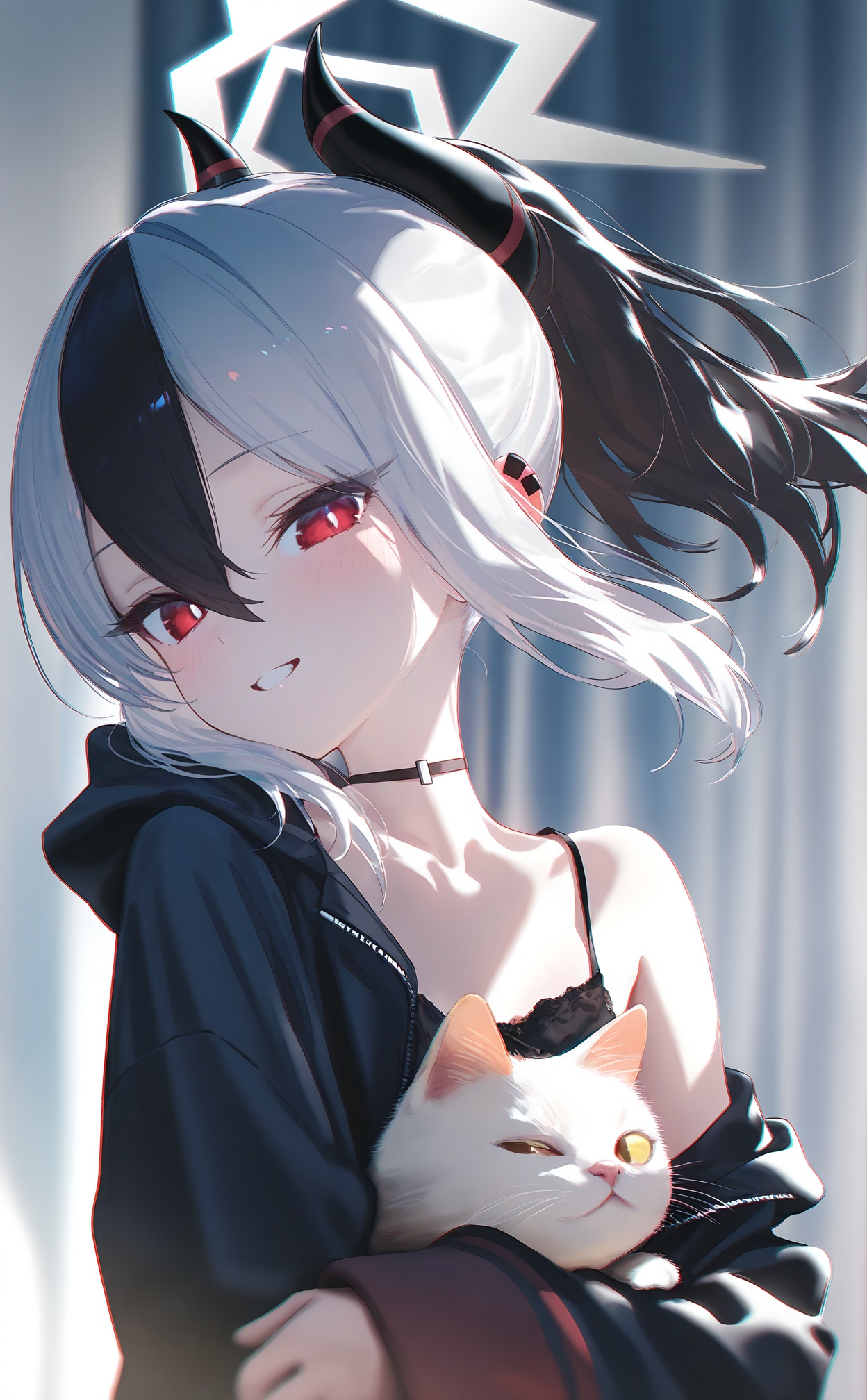masterpiece,highres,absurdres,newest,best quality,high quality,loli,petite,chromatic_aberration,//,1girl, kayoko (blue archive), horns, cat, red eyes, black hair, halo, smile, multicolored hair, white hair, animal, holding, solo, jacket, ponytail, demon horns, looking at viewer, black choker, holding animal, hair between eyes, choker, hood, two-tone hair, upper body, long sleeves, black jacket, holding cat, **** top, black horns, grey halo, off shoulder, single bare shoulder, sidelocks, camisole, black hoodie, hoodie, collarbone, blurry, grin, blush, hooded jacket, black camisole, blurry background, curtains, parted lips//,official art,depth of field,detailed light,blurry background,cinematic lighting,ray tracing,ultra detailed,god rays,backlighting,photo background,film grain,chromatic aberration,volumetric lighting,depth of field,blurry background,shiny skin,floating hair,cinematic lighting,day,very aesthetic,//,<lora:MAQ1118——【noob】hans:0.8>,