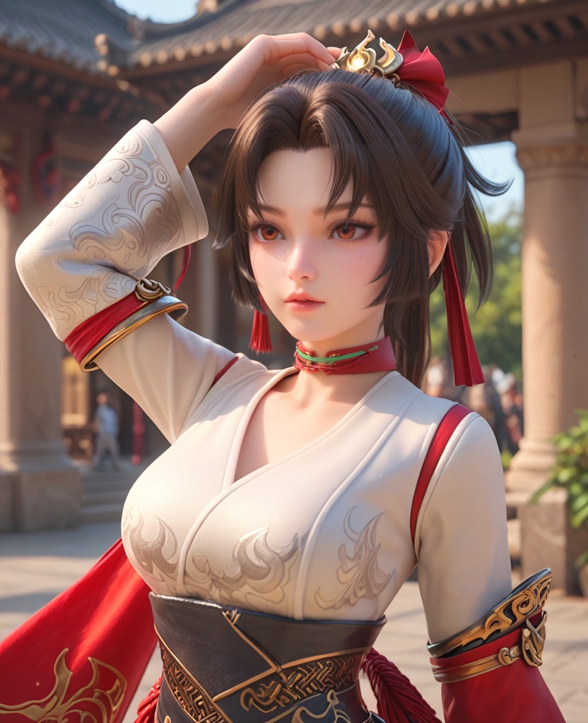 (oriental architecture, elegant decor, sophisticated style:1.1),(Hands on the back of the head, looking casual:1.1),(large breasts:1.2),<lora:XL王者荣耀云缨:0.8>,miss yunying,red paired with white short kimono,black hair,short ponytail,bangs,red eyes,choker,hair ornament,sash,jewelry,tassel,lips,black thighhighs,greaves,, score_9,score_8_up,score_7_up,score_6_up,score_5_up,score_4_up,3d rendering,tag1,tag2, Cinematic Lighting,backlighting,, zPDXL3, zPDXL2,zPDXL, zPDXLxxx, zPDXLrl,