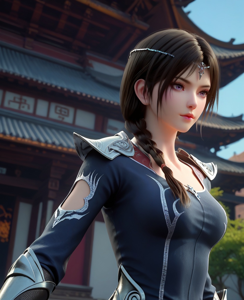 (oriental architecture, elegant decor, sophisticated style:1.1),(pose),(breasts:1.2),<lora:XL16大主宰安然:0.95>,miss anran,blue gray peplum dress,purple eyes,circlet,black hair,braid,long hair,pauldrons,fingerless gauntlet,black high-heeled thigh boots,, zPDXL2, score_9, score_8_up, score_7_up BREAK realistic, masterpiece,best quality, highly detailed,, zPDXL3, zPDXL2,zPDXL, zPDXLxxx, zPDXLrl,