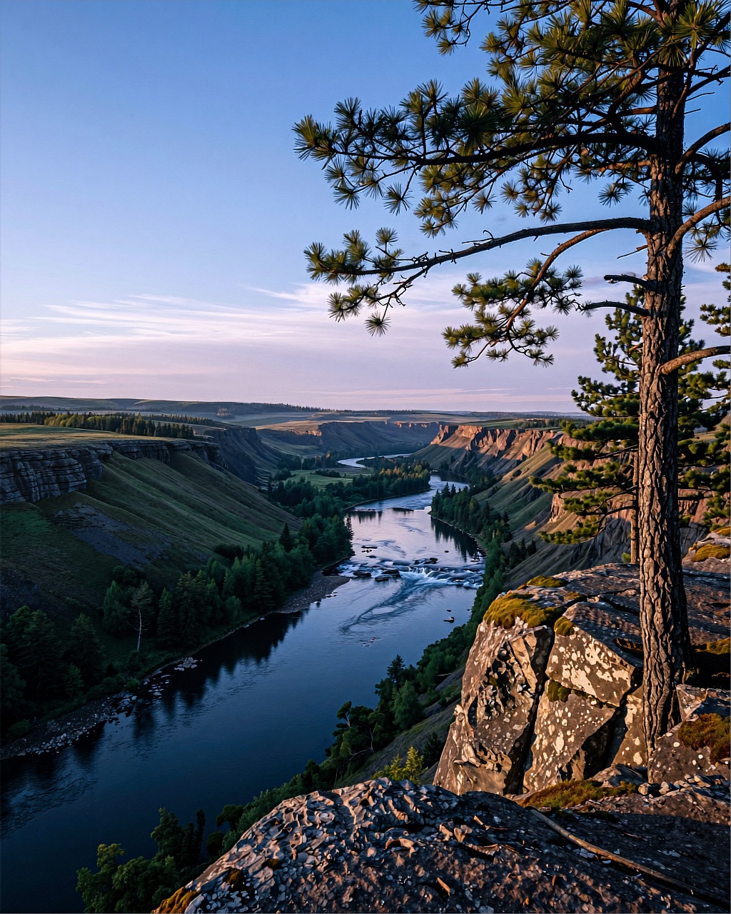 A vast natural landscape rendered in a photorealistic digital art style with cinematic lighting and high-resolution textur...