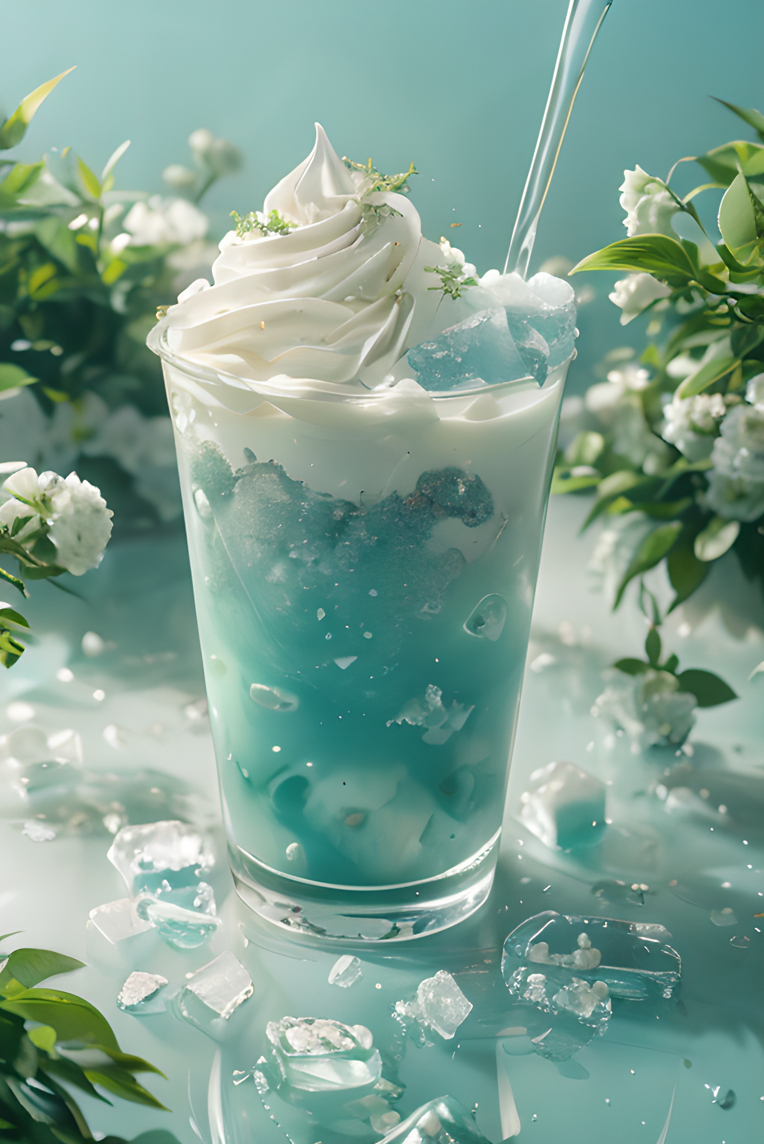 (Masterpiece, High Quality, Superior Quality, Official Art, Beauty  and  Aesthetics): 1.2),( a cup surrounded by Crushed ice blue flowers), milky transparent water, product poster, moss micro-landscape,( Crushed Ice Blue),Gradient Purple, simple, clean light color background, ray tracing, foreground occlusion, natural light, jungle, c4d, oc rendering, product photography ,There are a lot of ice cubes next to the cup<lora:20240228-1709100055188:0.66>
