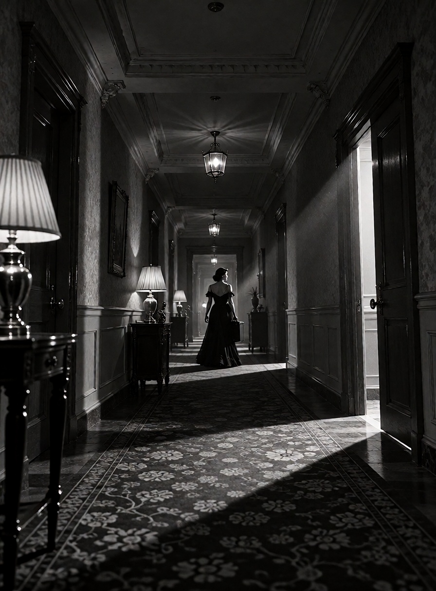 An ***** woman in an evening gown waits at the far end of a grand hotel corridor,  holding a small suitcase. Every door is...